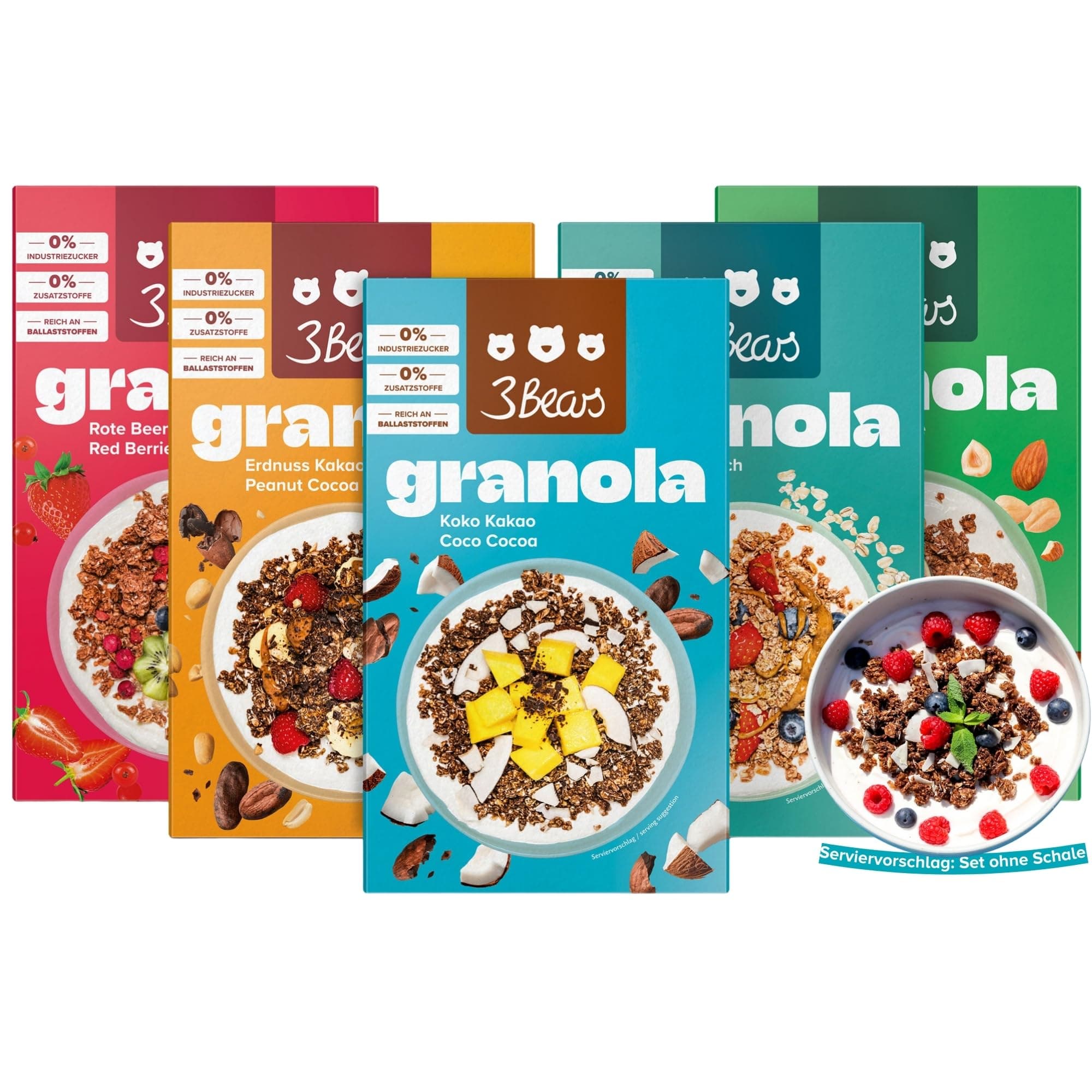 3Bears Granola Set | 5 knusprige & vegane Granolas mit Erdnüssen, Kakao, Mandeln, Haselnüssen, Erdbeeren, Johannisbeeren, Kokos, Zimt, 5x325g | Ohne Industriezucker | In Kooperation mit Sarah Harrison