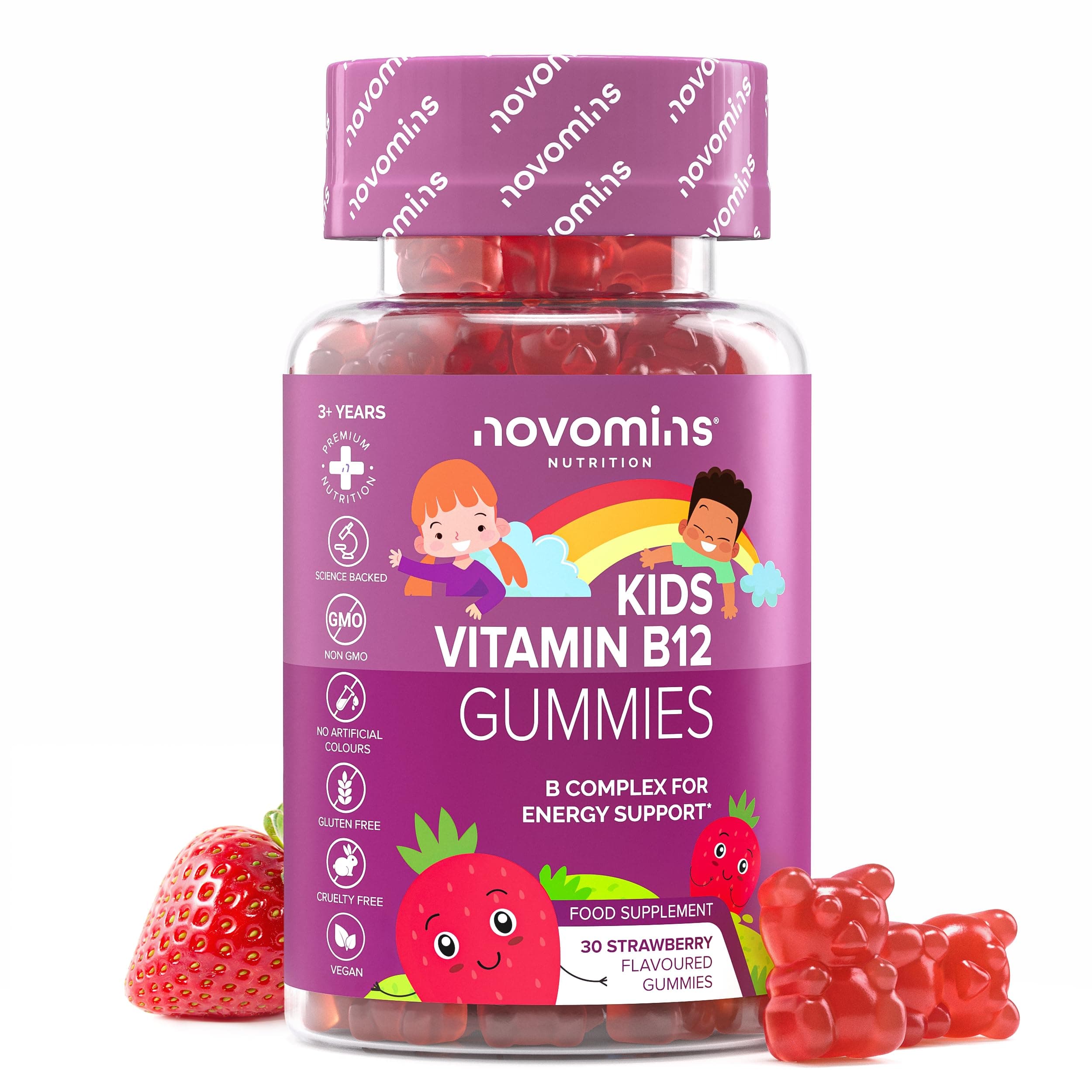 Vitamina B12 para Niños - 30 Gominolas - Vitamina B Complex con Vitaminas C, B1, B2, B6 y Biotina - B12 Vitaminas Niños - Apoyo a la Energía y Metabolismo - Vegano y Sin Gluten - Novomins