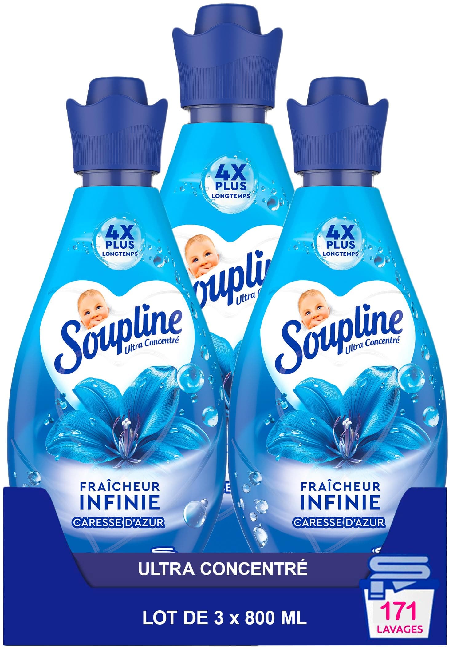 SOUPLINE - Adoucissant Fraîcheur Infinie Caresse d'Azur -3 X 57 lavages - Ultra Concentré pour un parfum plus intense - Efficace même à froid - Lot de 3 flacons de 800ml