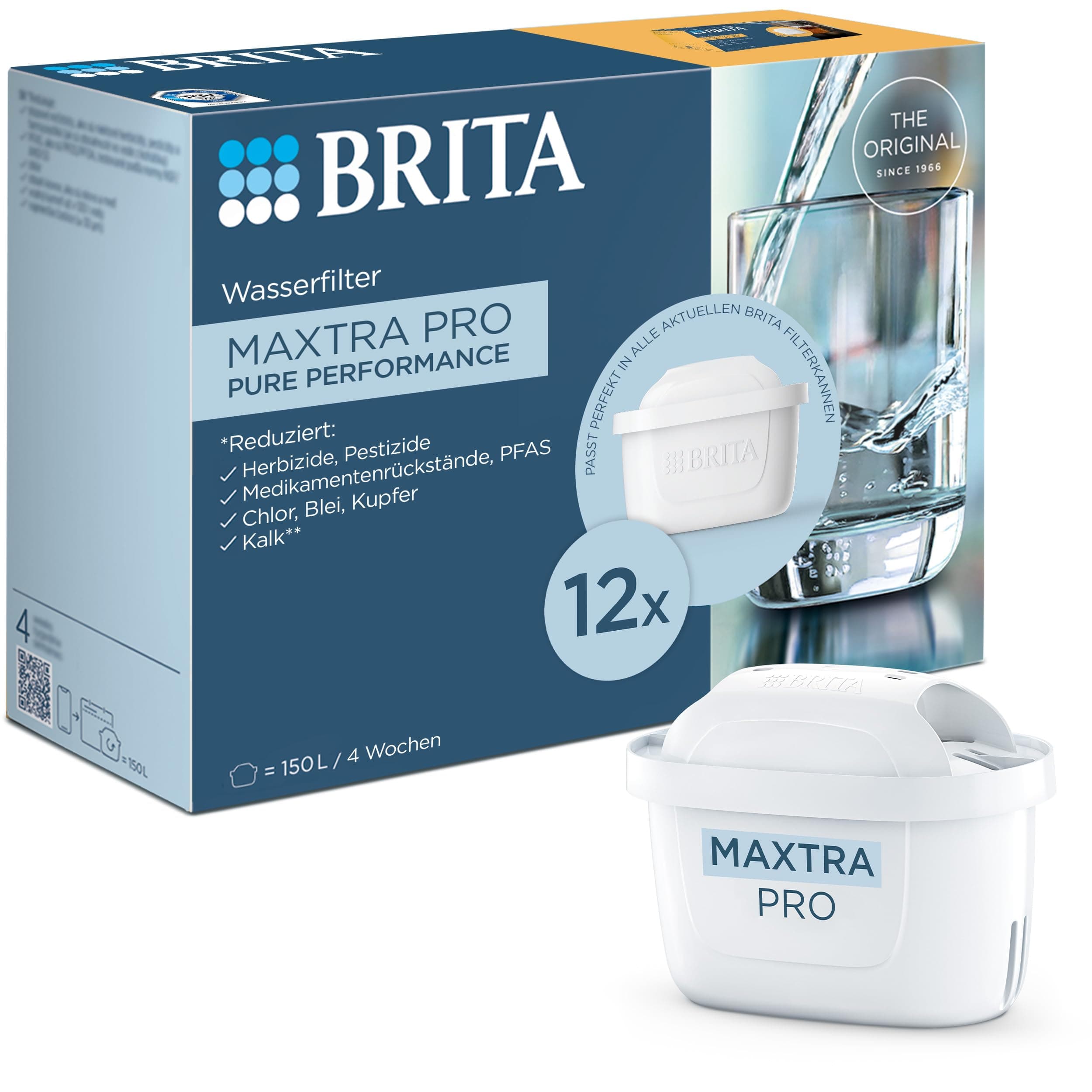 BRITA Wasserfilterkartusche MAXTRA PRO Pure Performance (All-In-1) 12er-Pack Jahrespack – Original Ersatz-Wasserfilter für BRITA-Kannen: reiner Wassergeschmack – filtert PFAS, Chlor, Kalk & Metalle