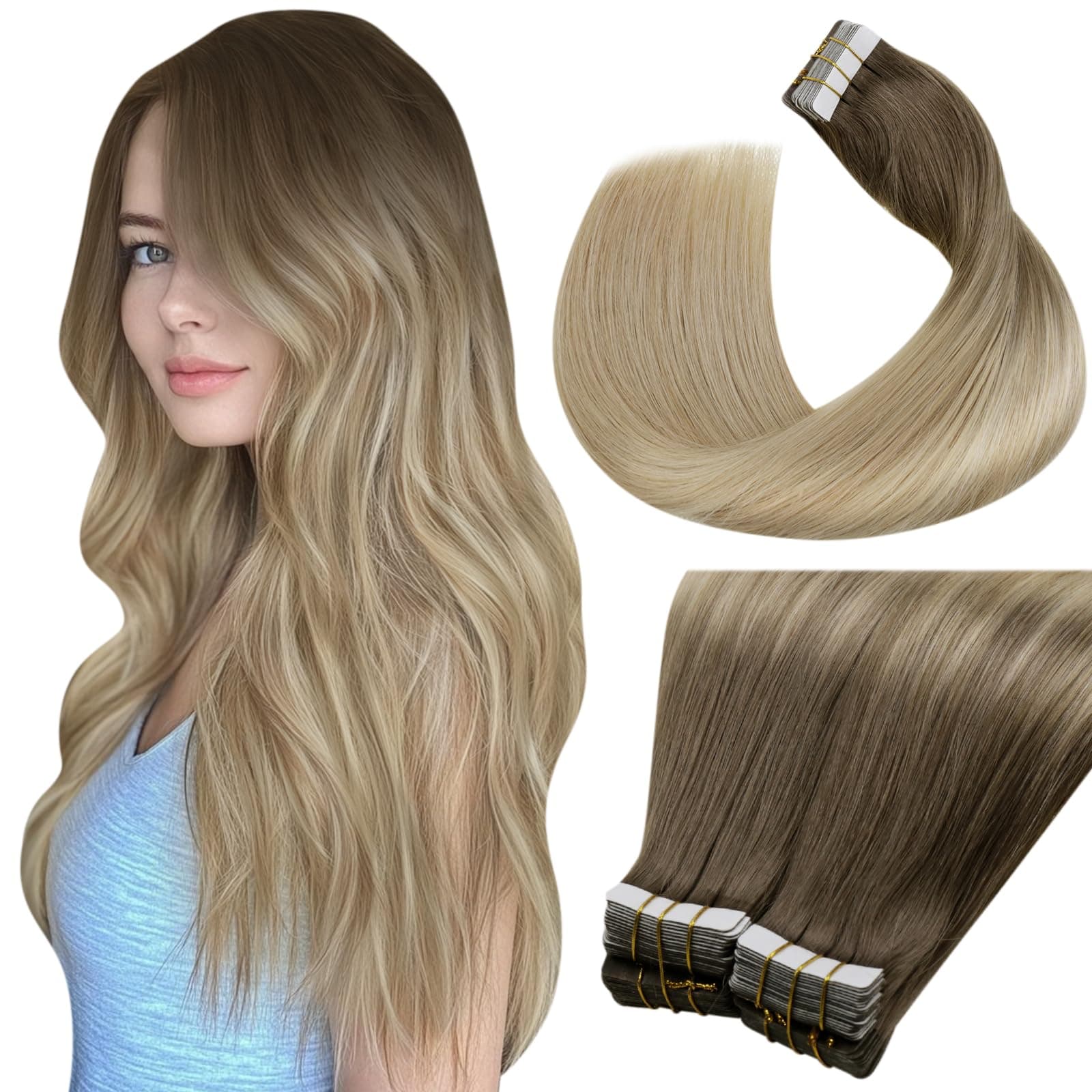 LaaVoo Extension Capelli Veri Biadesivo Biondo 50cm 100g Extension Biadesive Capelli Veri Balayage Marrone Chiaro a Biondo Cenere e Bionda Platino Lisci Remy 40pz #8/18/60