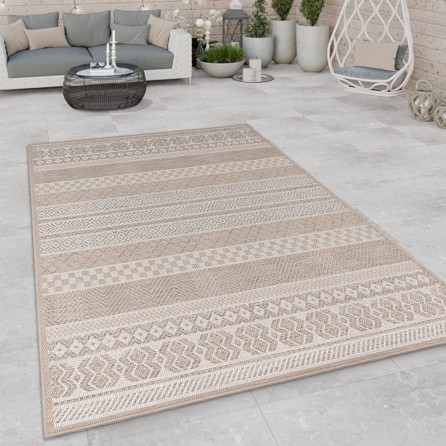 Paco Home Outdoor Teppich Flachgewebe Modern Boho-Style wetterfest & UV-beständig Ideal für Terrasse Balkon Wohnzimmer & Küche, Grösse:133x190 cm, Farbe:Beige