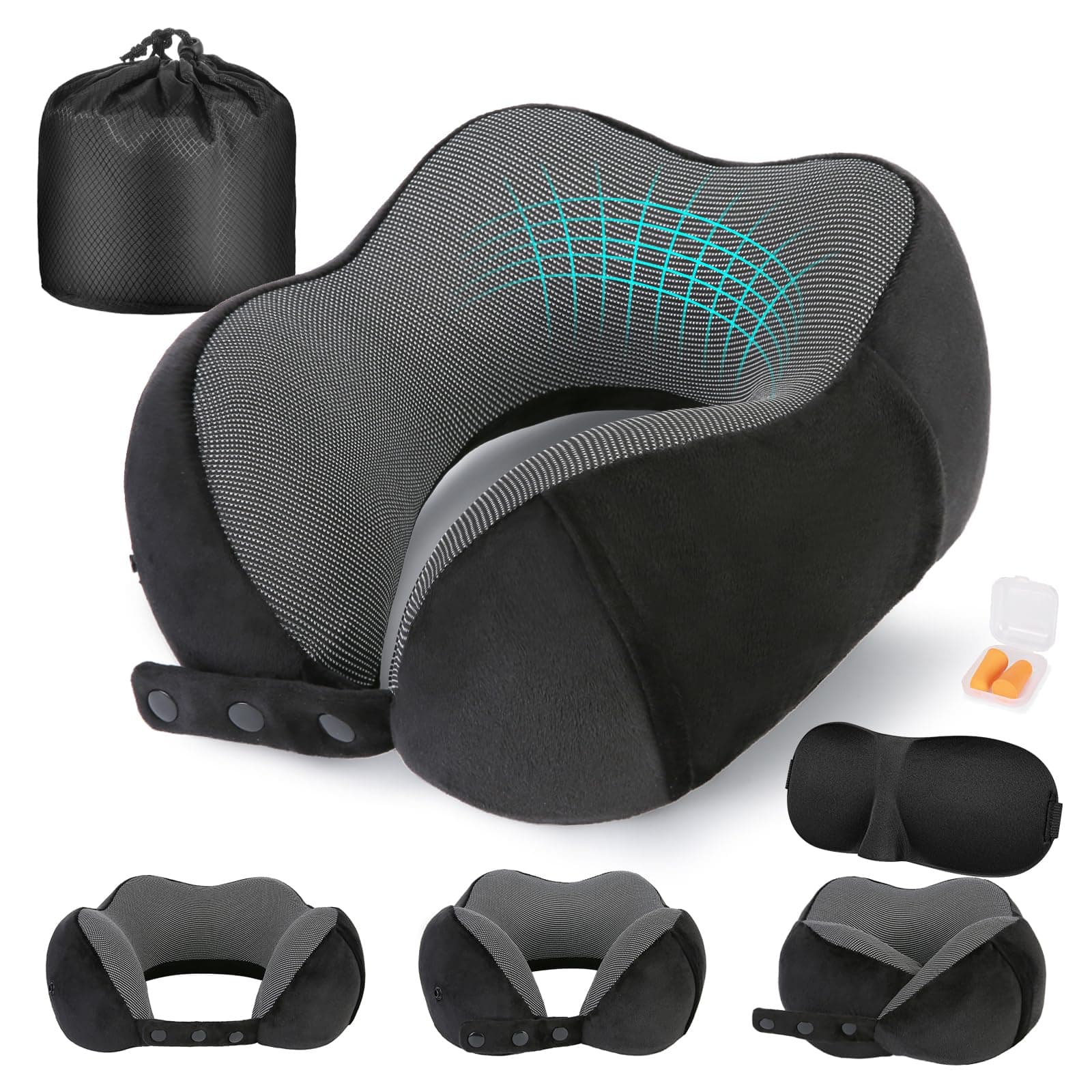 Cirorld Cuscino da Viaggio Collo, Cuscino Aereo Memory Foam Regolabile e Compatto, Cuscino Cervicale da Viaggio, Inclusa Maschera per Dormir, Tappi auricolari, Borsa per Trasporto