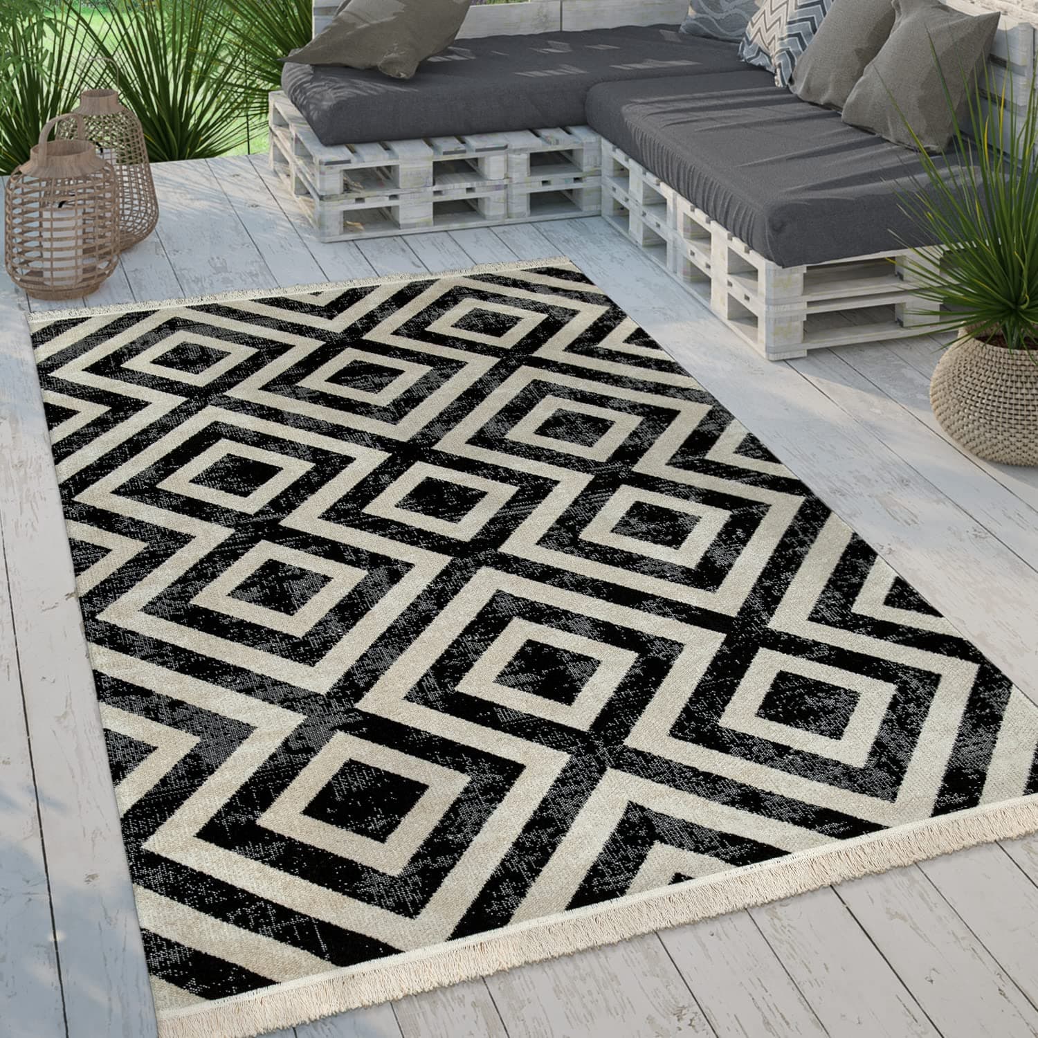 Paco Home Moderner Outdoor Teppich Geometrisches Rauten-Muster im Vintage-Look Flachgewebe Wetterfest & Pflegeleicht für Garten, Terrasse & Balkon, Grösse:120x170 cm, Farbe:Schwarz Weiß