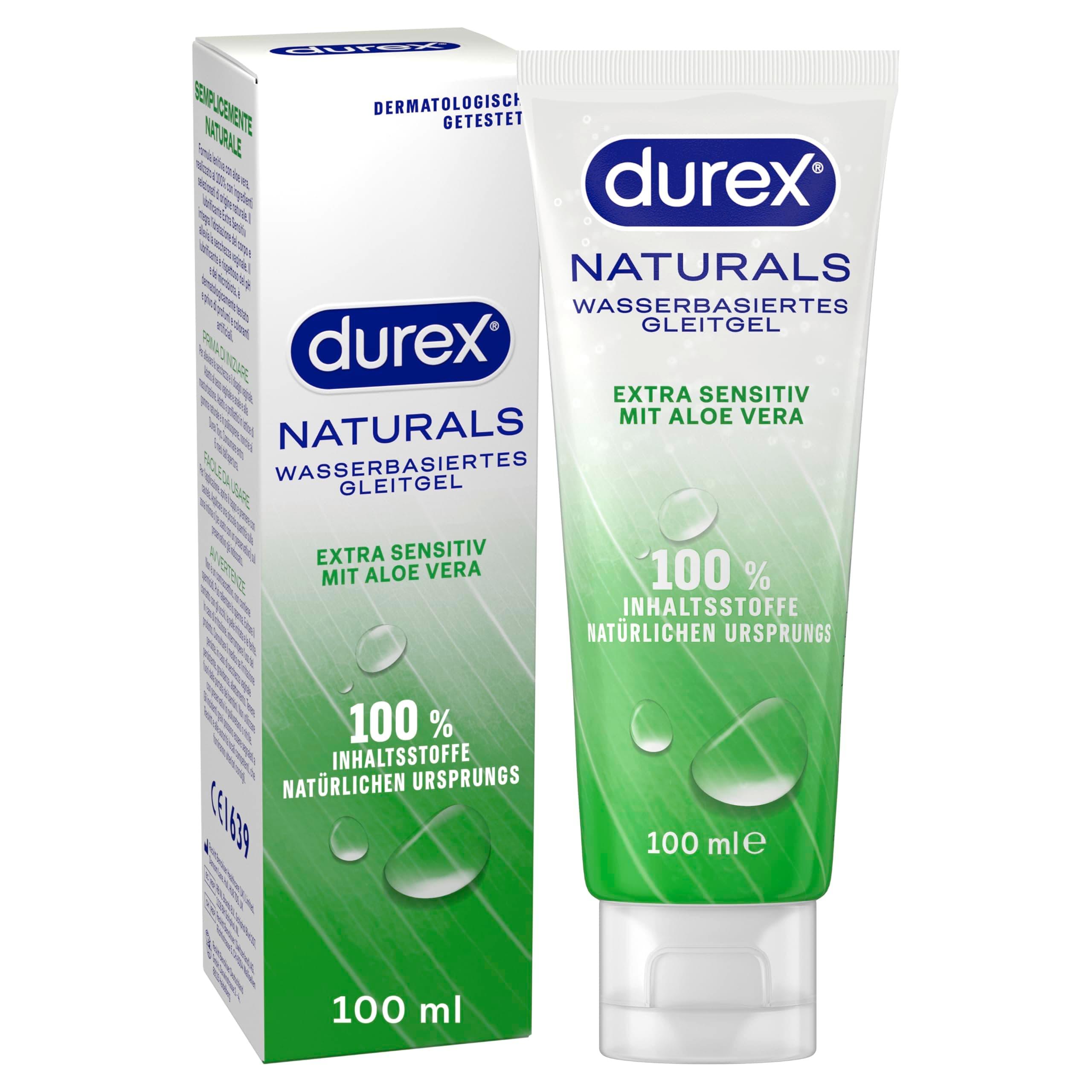 Durex Naturals Extra Sensitiv Gleitgel – 100% natürliches Gleitmittel mit Aloe Vera Extrakt – Dermatologisch getestet & pH-freundlich – 100 ml (1 x 100 ml)