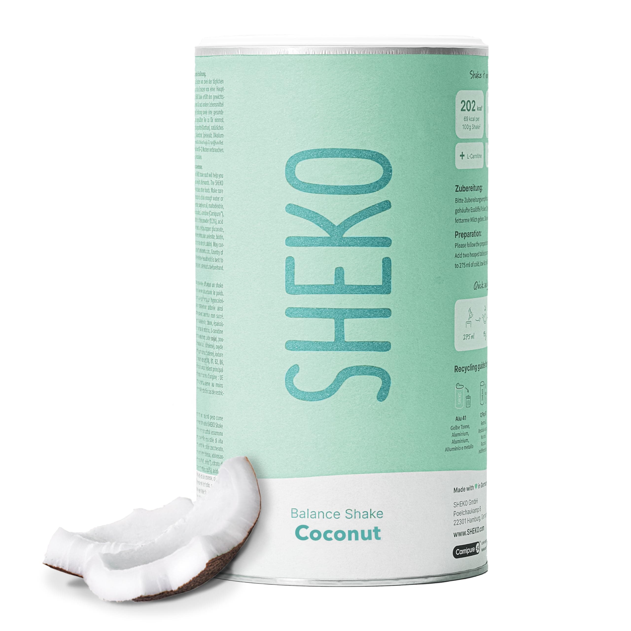 SHEKO - Frullato sostitutivo di base - 21 frullati per barattolo - Alto contenuto proteico - Gusto naturale - Frullato dimagrante - Dieta (378 g, Cocco)