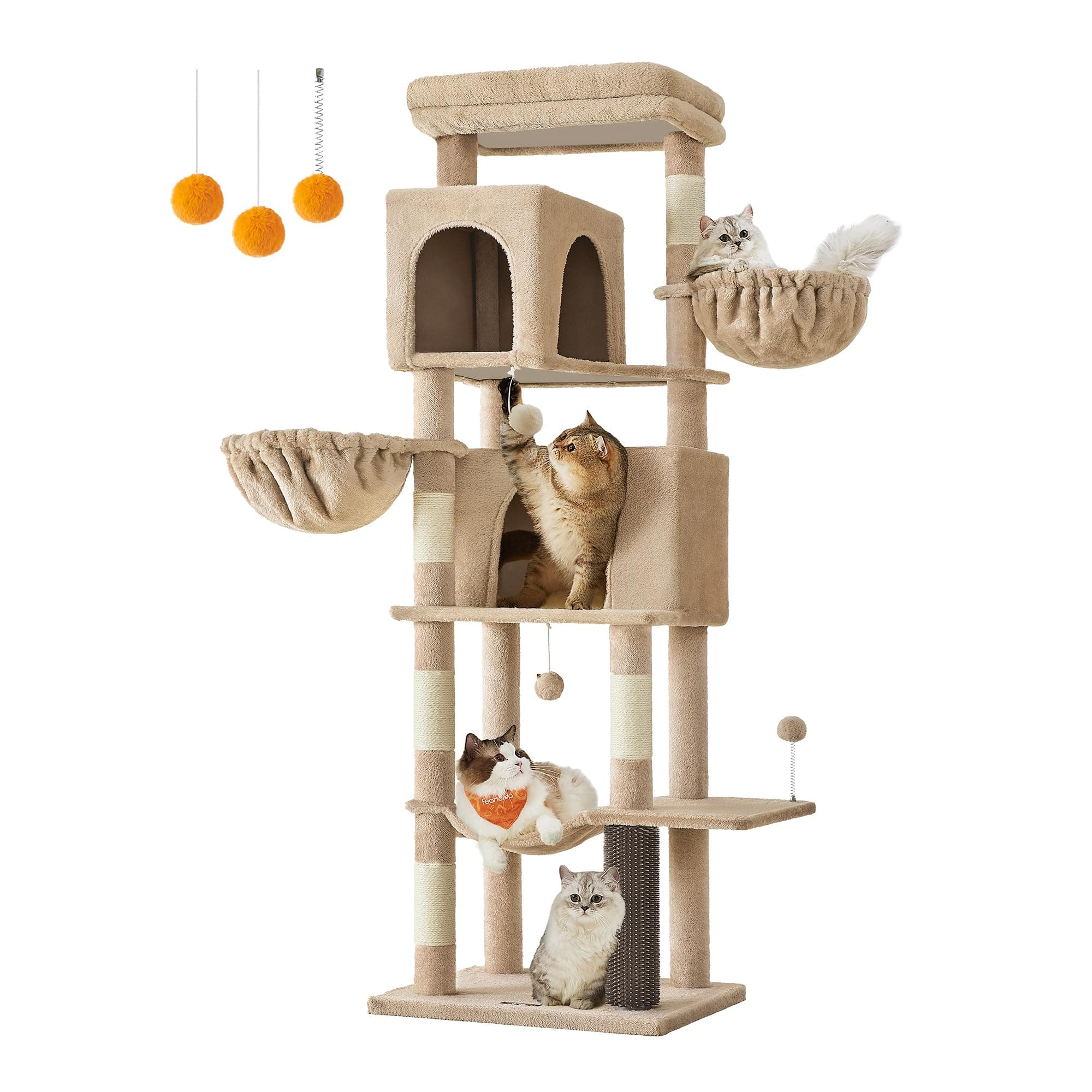 Feandrea Árbol Grande para Gatos, Torre para Arañar de 175 cm de Altura, Multinivel con 2 Cuevas, 2 Cestas, 5 Rascadores, Alfombra, Plataforma, Hamaca, Marrón Camello PCT182K01