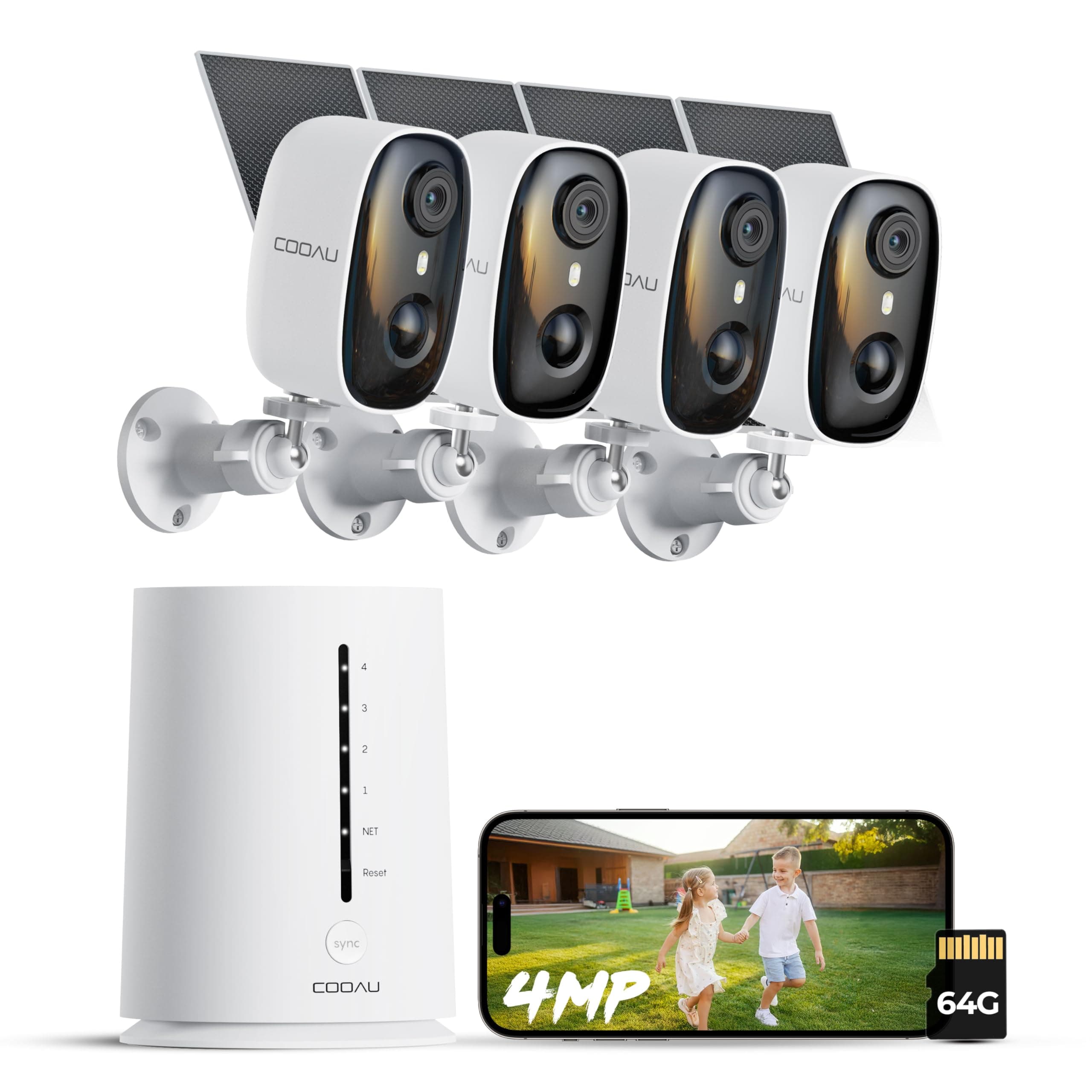 COOAU 4MP Camera surveillance wifi exterieure sans fil solaire, Stockage Local 64 Go, Kit 4 Caméras avec Base, sans Frais mensuels, Vision Nocturne Couleur, WiFi 2.4/5GHz, intérieur et extérieur, IP66
