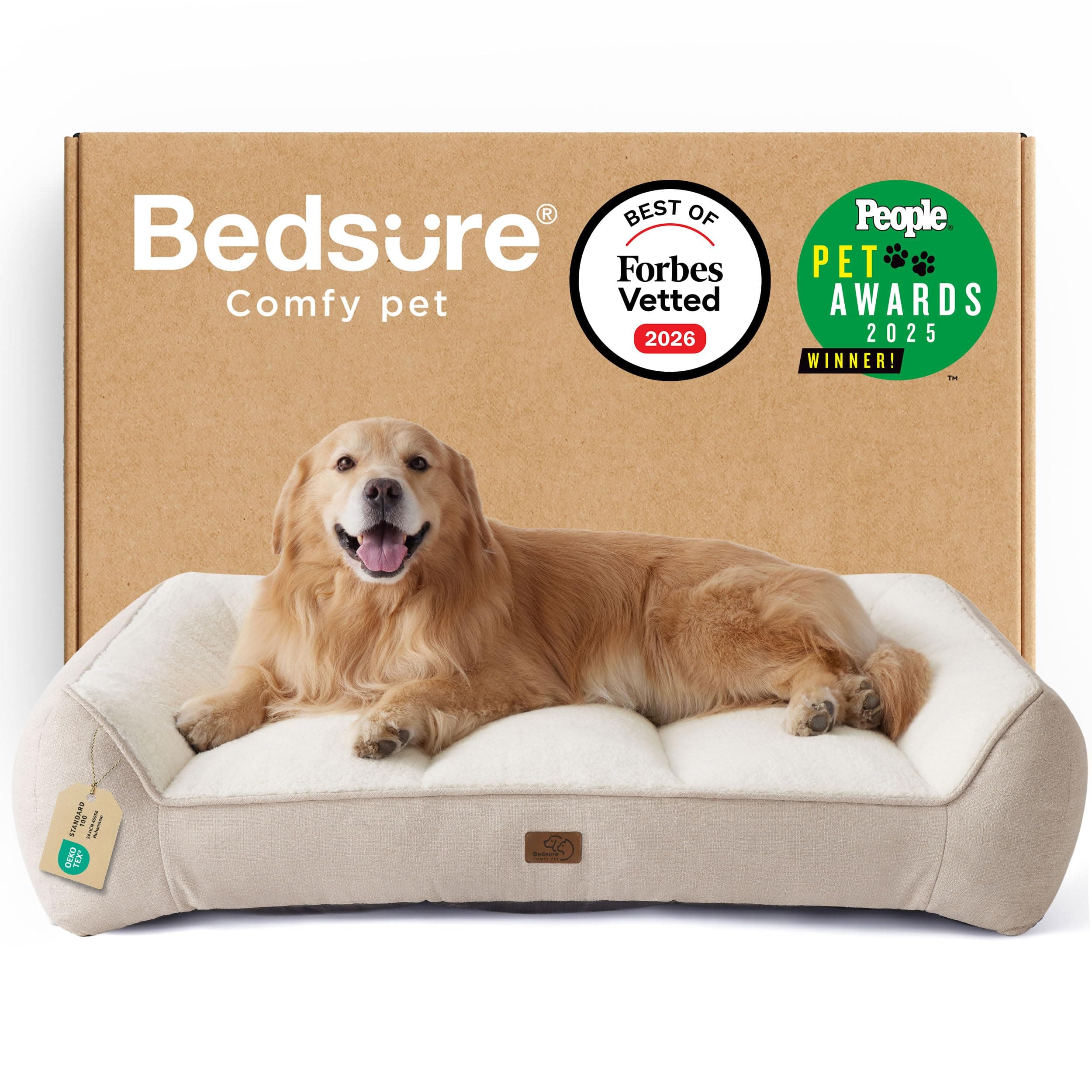 BEDSURE waschbares Hundebett Grosse Hunde - 122x89cm extra Dicke unterstützende Hundesofa mit wasserdichter Hülle, rutschfest Hundekorb große mit weichem plüsch Sherpa,Creme