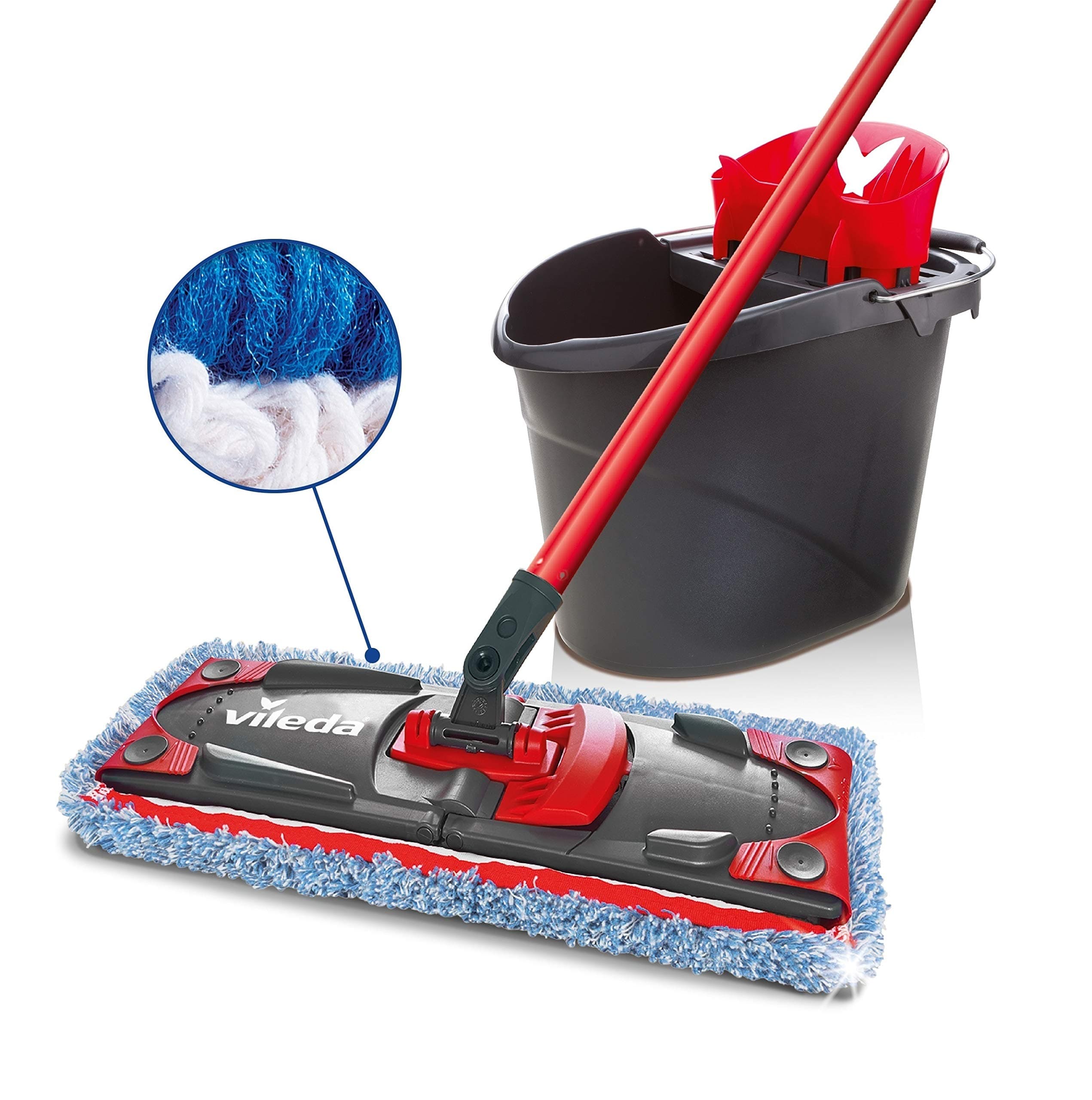 Vileda Ultramax Micro/Coton Spécial Carrelage Kit Complet, Ensemble de balais à Plat avec Seau essoreur, Housse en Microfibre spéciale carrelages, Retire Plus de 99% des bactéries avec de l'eau