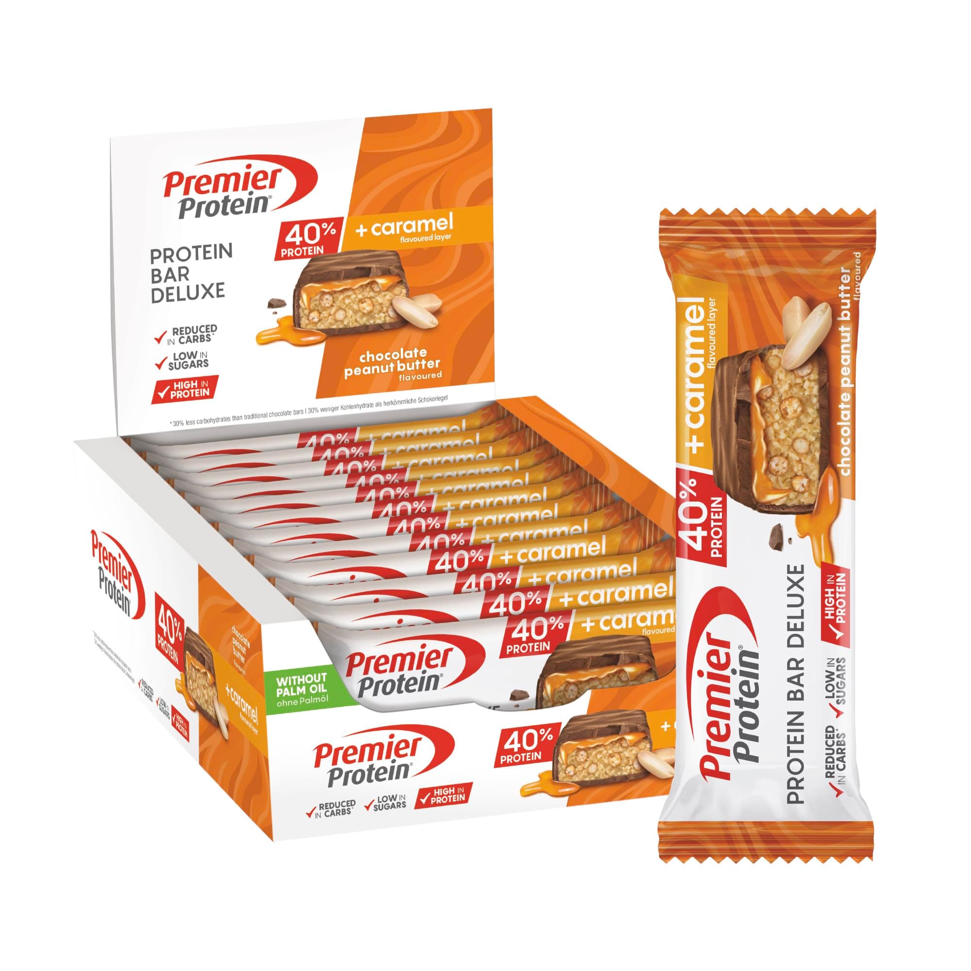 Premier Protein - Protein Bar Deluxe 40% - Chocolate Peanut Butter - 12x50g - faible en sucres – pauvre en glucides – sans huile de palme
