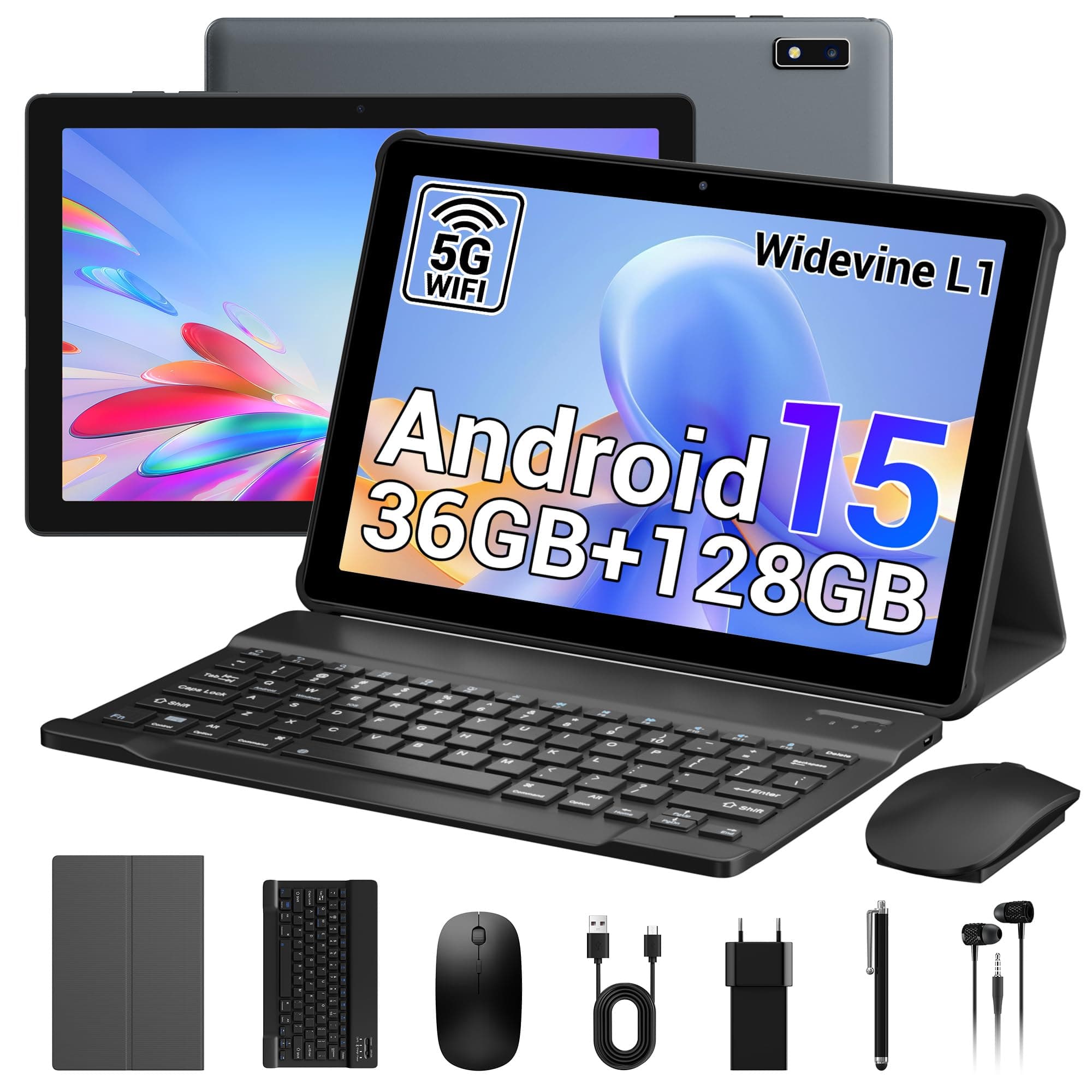 PIXGOOD Tablet 10 Pulgadas con Android 15, 5G WiFi 6 Octa-Core 2.0GHz, 36GB RAM, 128GB ROM (TF 1TB), 8000mAh, 5M+8MP, Tablet con Teclado|Ratón|Case|Auriculares-Gris