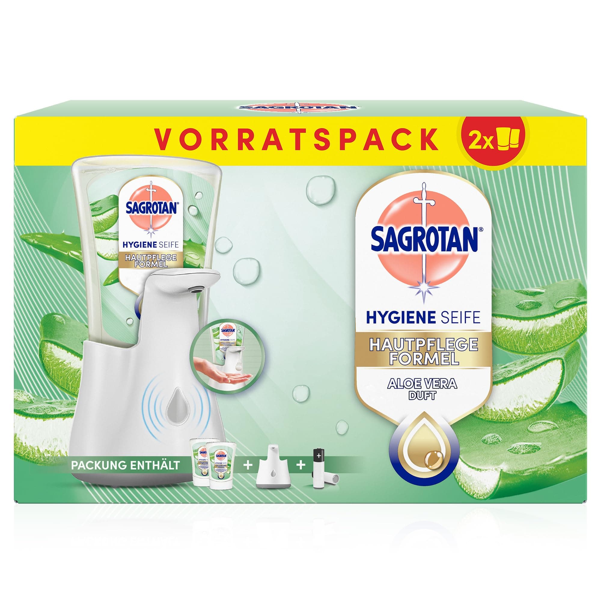 Sagrotan No-Touch Automatischer Seifenspender Weiß – Vorratspack – Inkl. Sagrotan Nachfüllern Aloe Vera – 2 x 250 ml Flüssigseife
