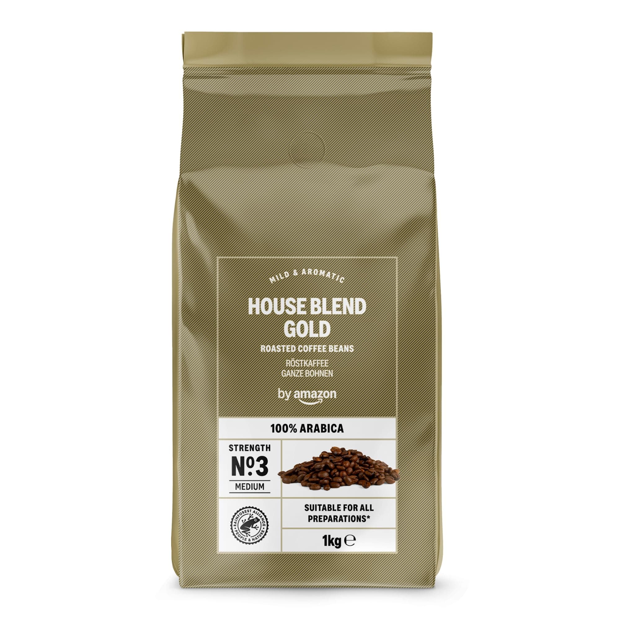 by Amazon House Blend Gold Coffee Beans 100% Arabica Strength 3 Medium Roasted Coffee Beans, 1kg