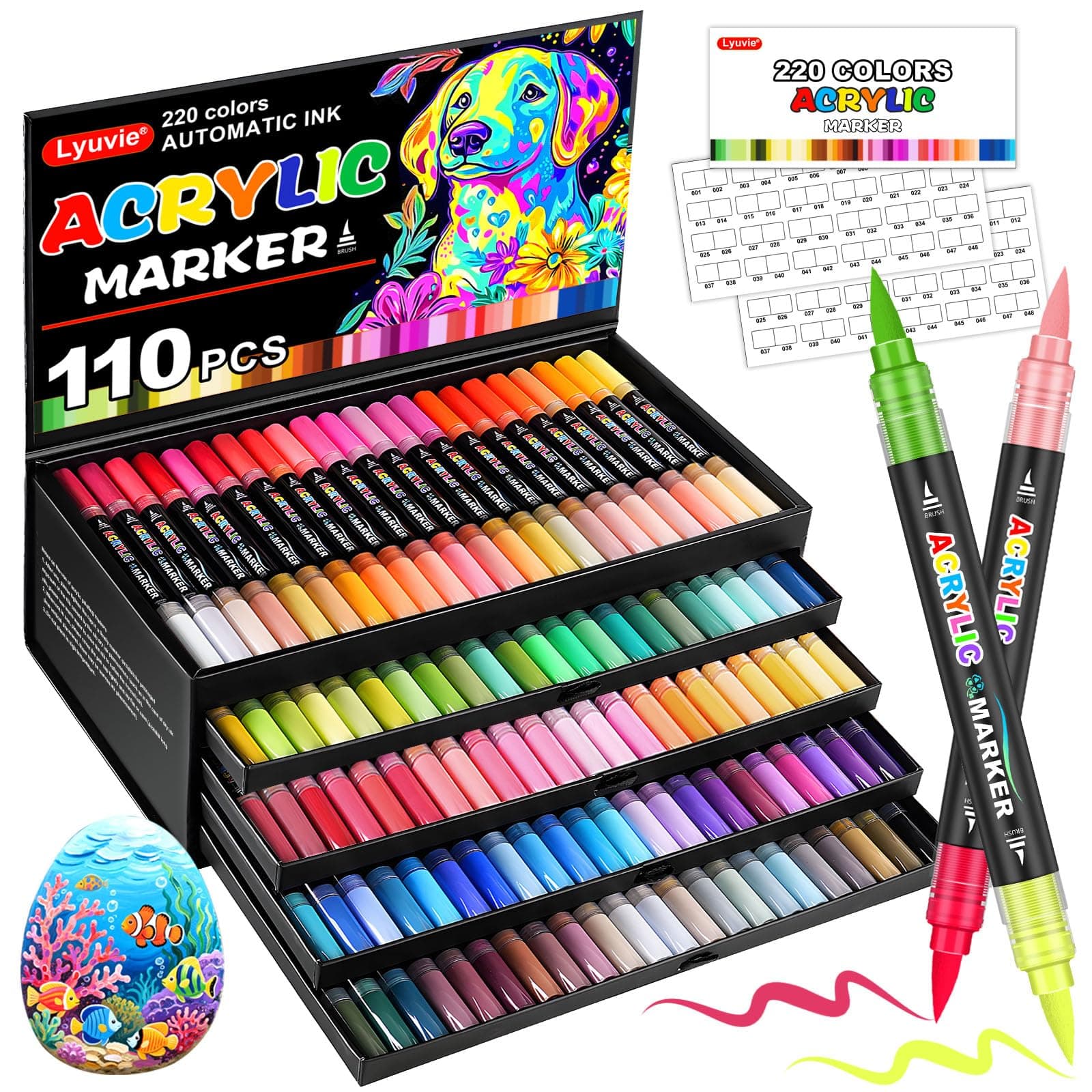 Lyuvie 220 Couleurs Feutre Acrylique,110 Pcs Acrylic Paint Marker Marqueur Peinture Acrylique Pointe Brush pour Roche Tissu Pierre Bois Verre Papier Plastique