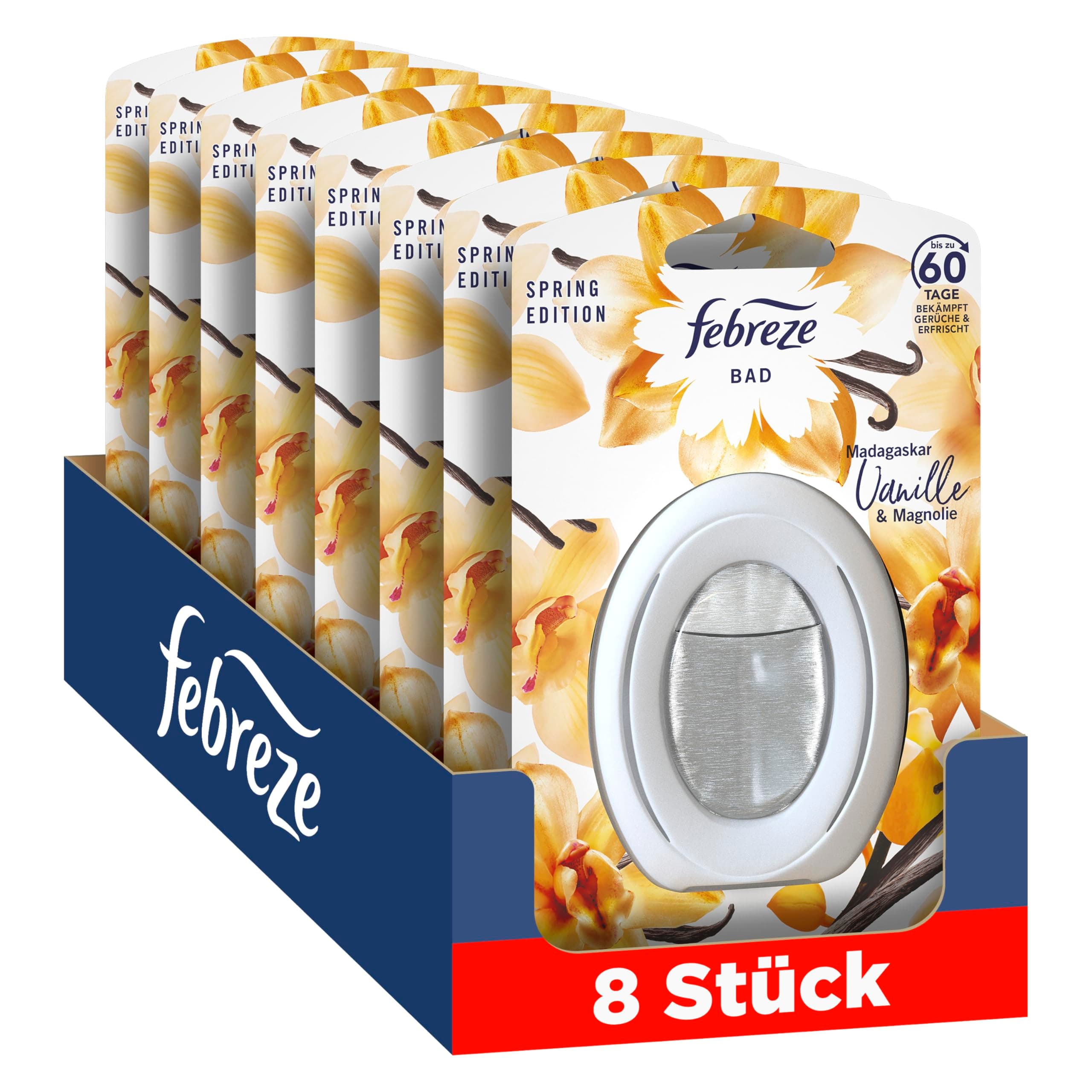 Febreze Madagaskar Vanille Bad Lufterfrischer 8x, kontinuierliche Geruchsbekämpfung und -verhinderung