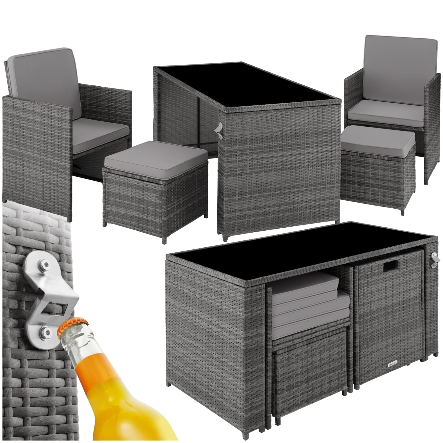 tectake Poly Rattan Sitzgruppe, 5- teiliges Lounge Gartenmöbel Set mit Tisch, Sessel & Hocker, Essgruppe für bis zu 4 Personen, Garten und Balkon Möbel inkl. Polster - grau