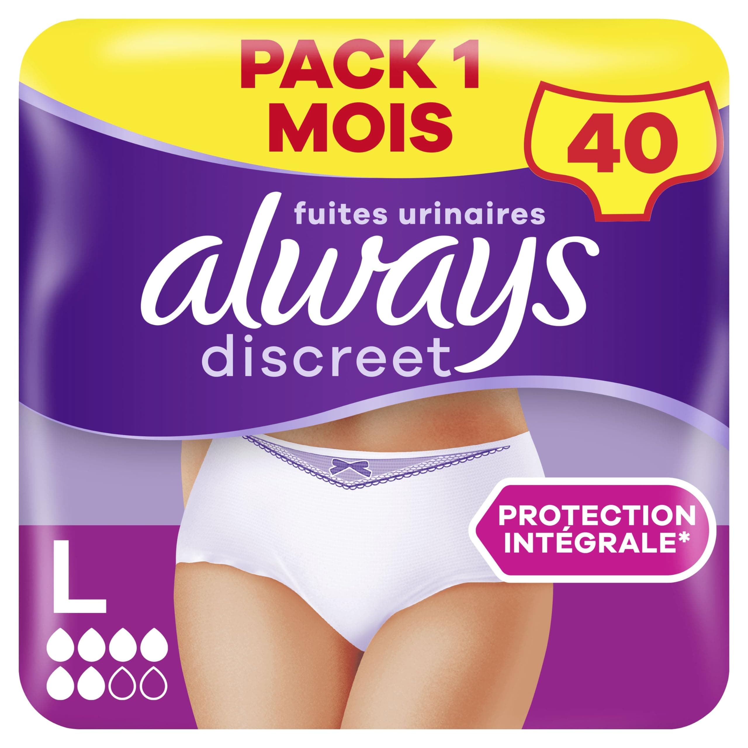 Always Discreet, 40 Culottes Incontinence Femme, Normal 5 Gouttes, Sous-Vêtements Taille L, Blanc, Protection Très Absorbante pour Fuites Urinaires Importantes ou post accouchement, Pack 1 Mois