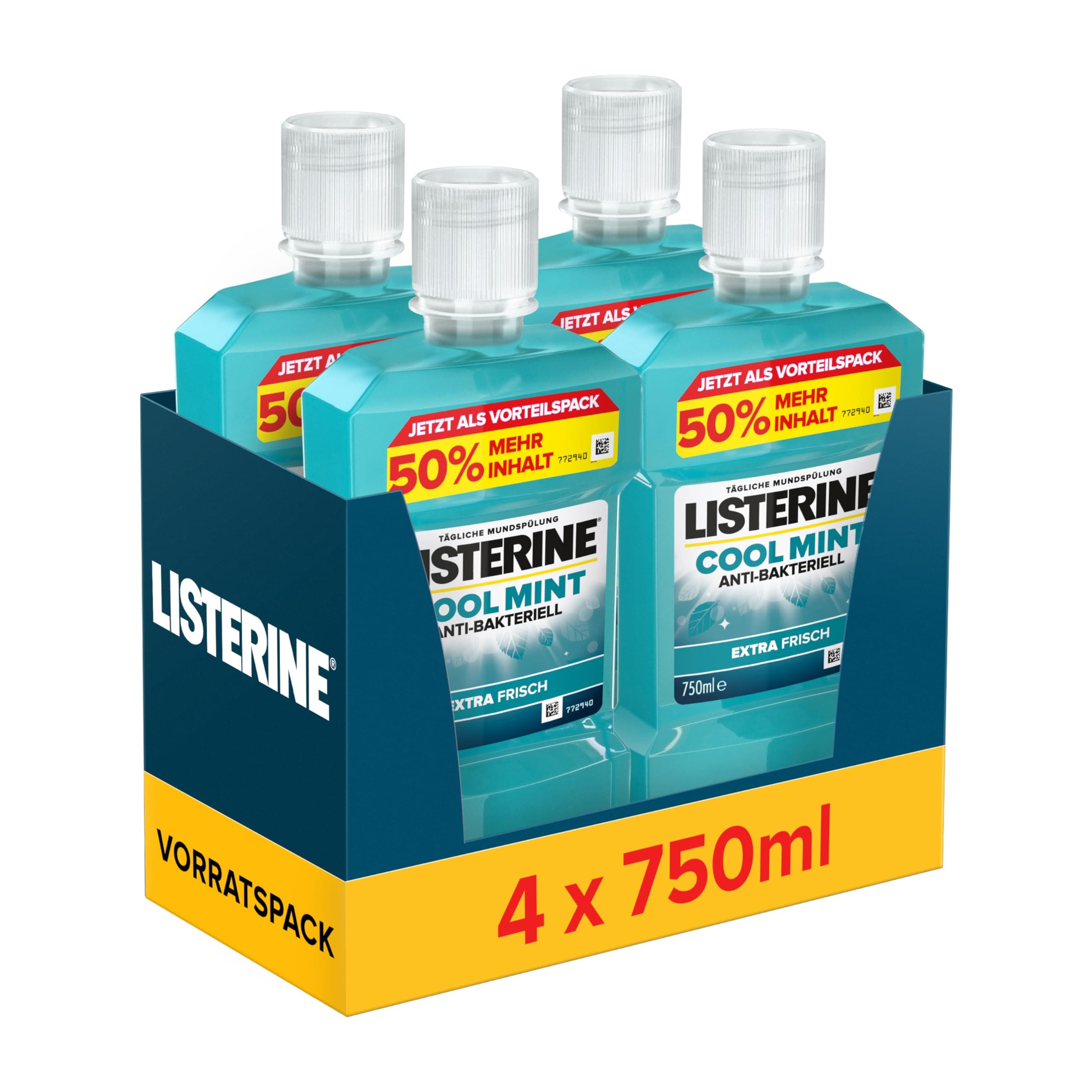 LISTERINE Cool Mint Mundwasser (4 x 750 ml), antibakterielle Mundspülung mit ätherischen Ölen & intensivem Minzgeschmack, Zahnpflege-Spülung reduziert Zahnbelag und bekämpft wirksam Mundgeruch