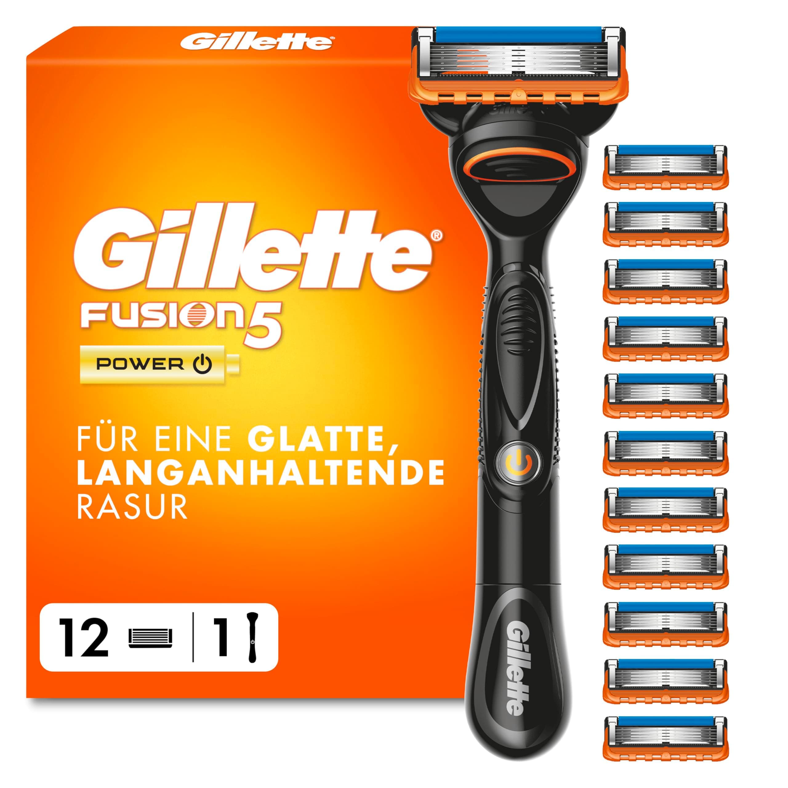 Gillette Fusion5 Power Rasierer Herren — Inkl. 1 Nassrasierer, 12 Ersatzklingen mit Einem Gleitstreifen für Ein Sanftes Gleiten und 5 Klingen für Eine Gründliche, Langanhaltende Rasur — Schwarz