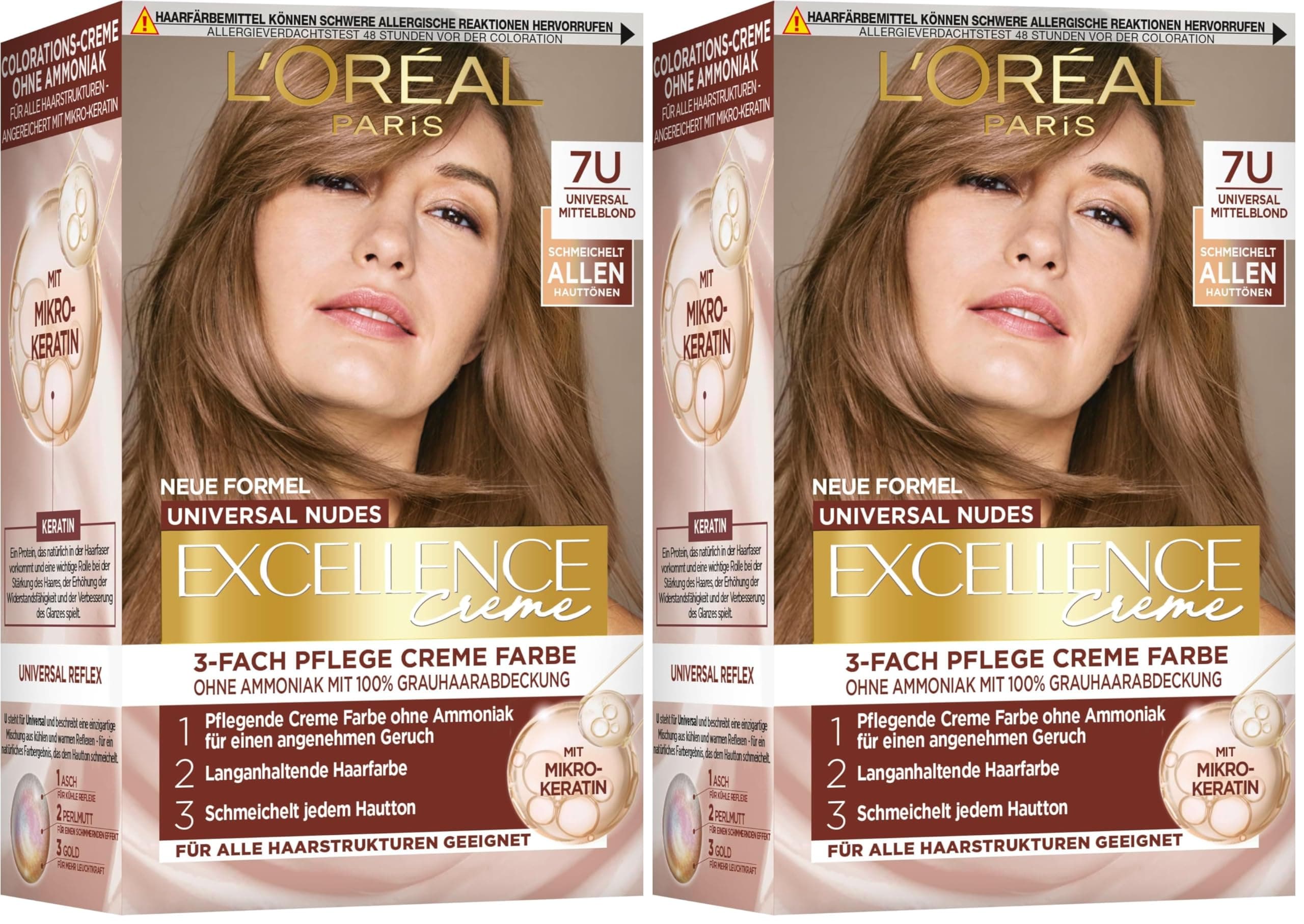L'Oréal Paris Permanente Haarfarbe für jeden Hautton, Coloration ohne Ammoniak, Universale Nude-Töne mit vollständiger Grauhaarabdeckung, Excellence Creme, Nr. 7U Mittelblond (Blond), 1 Stück