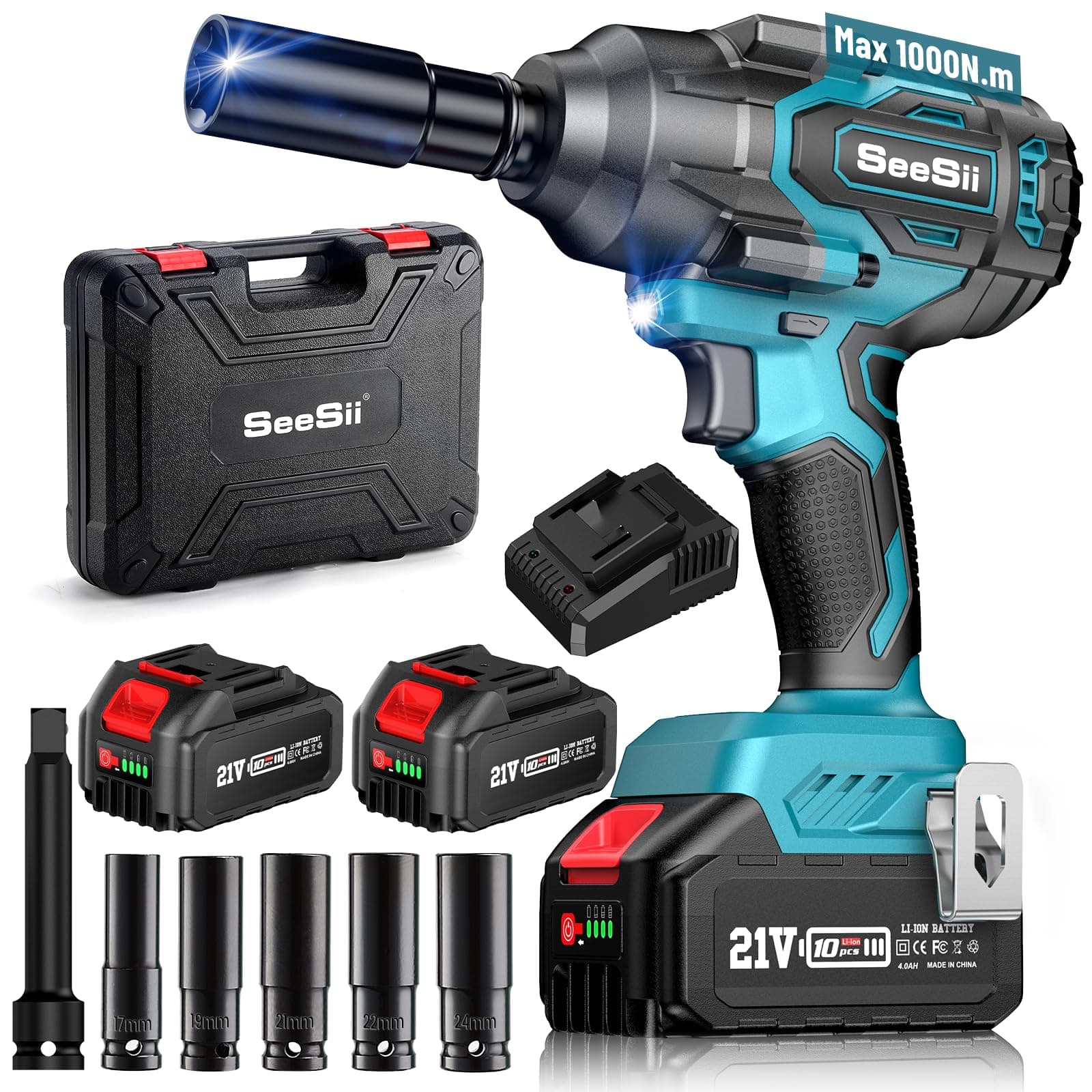 Seesii 1200 N·m llave de impacto a batería, 1/2 Pistola de Impacto sin escobillas con dos baterías de 4000 mAh, cargador rápido, 5 llaves de vaso, llave de impacto para neumáticos de coche