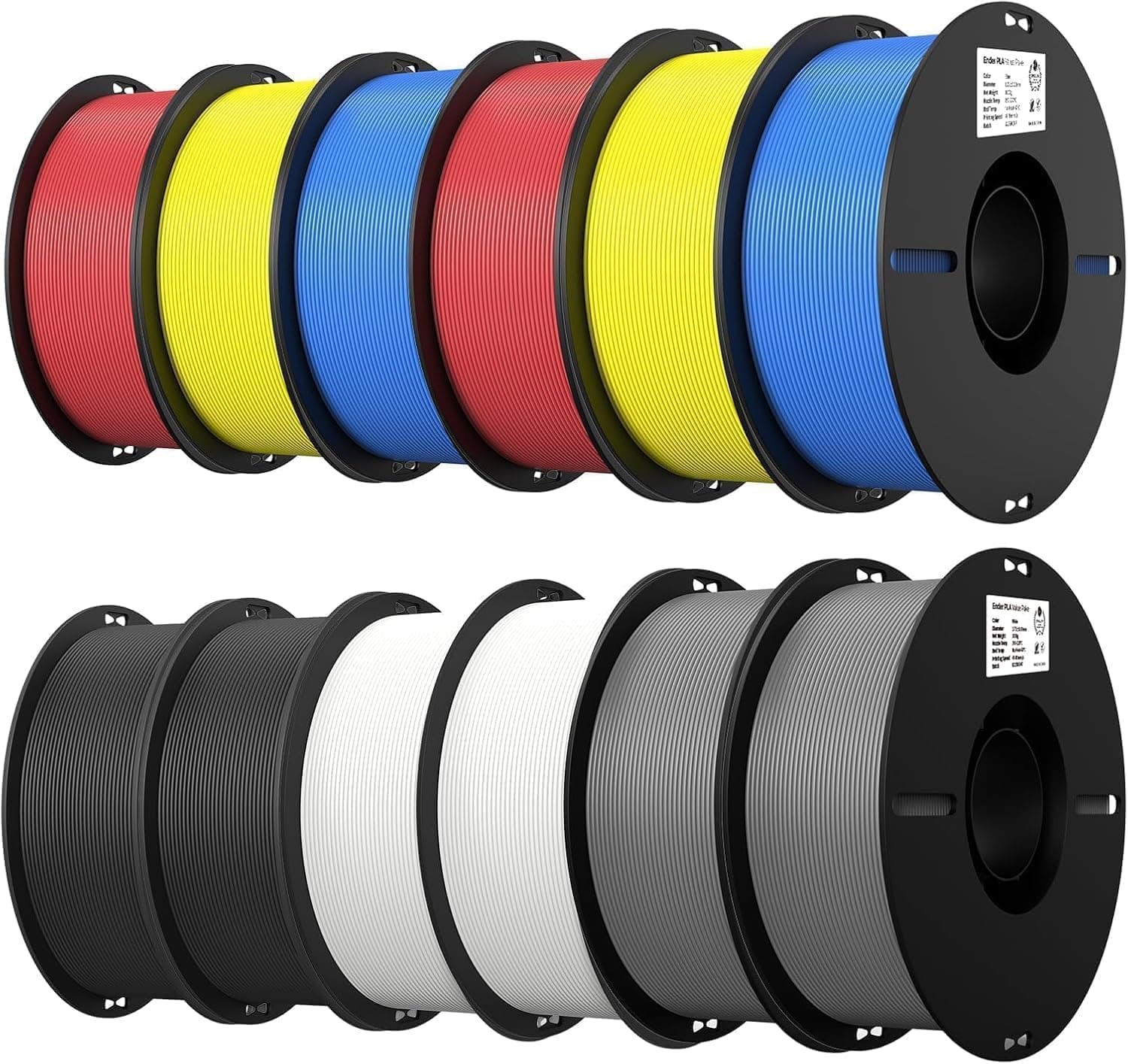 Creality Ender PLA Filamento 12-Pack 1,75 mm – 2× Negro, Blanco, Gris, Azul, Rojo, Amarillo – Para Impresoras 3D