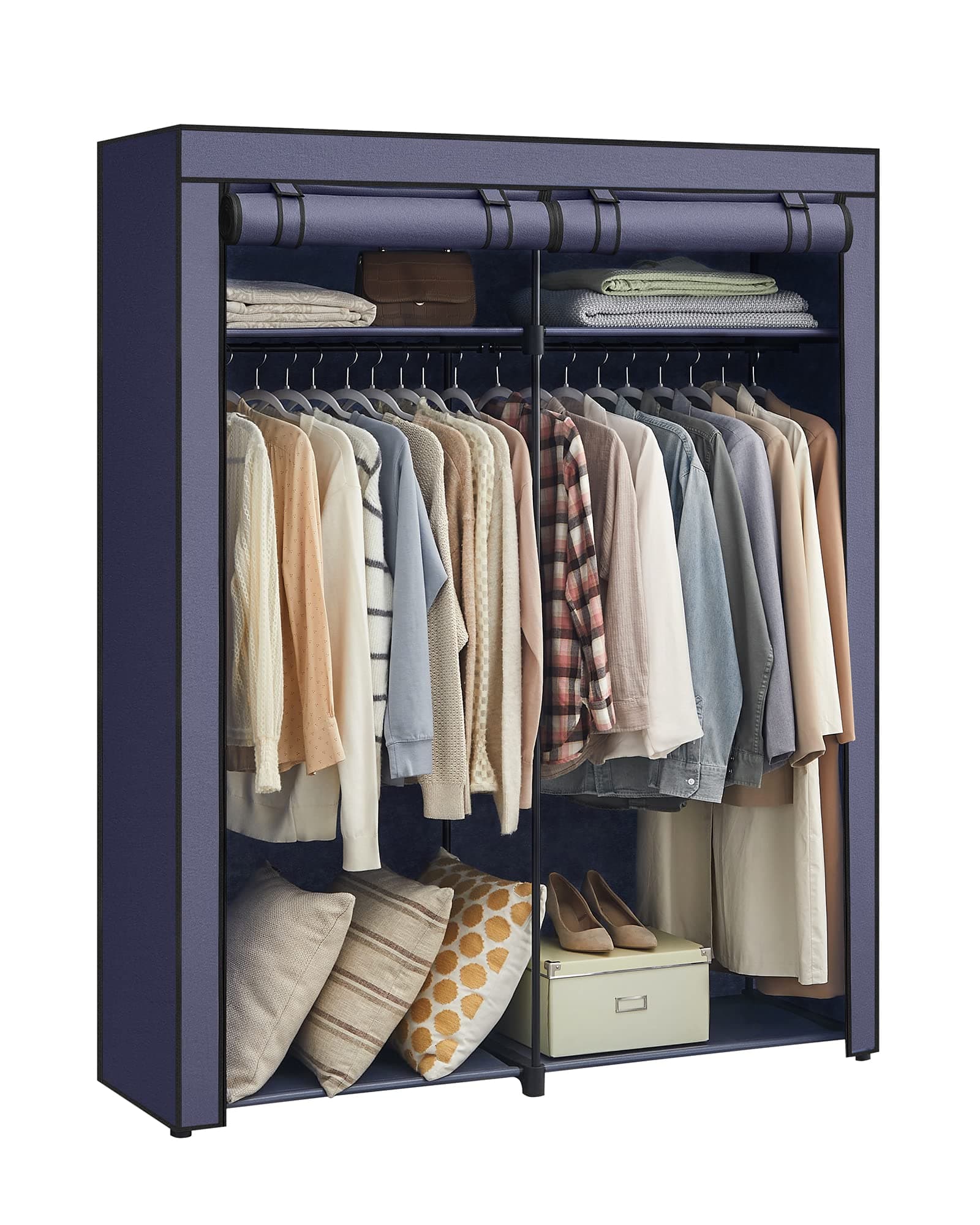 SONGMICS Kleiderschrank, Garderobe mit 2 Kleiderstangen, Kleidungsaufbewahrung, Stoffschrank, Kleiderständer, faltbar, Ankleidezimmer, Schlafzimmer, 140 x 43 x 174 cm, dunkelblau RYG002I02
