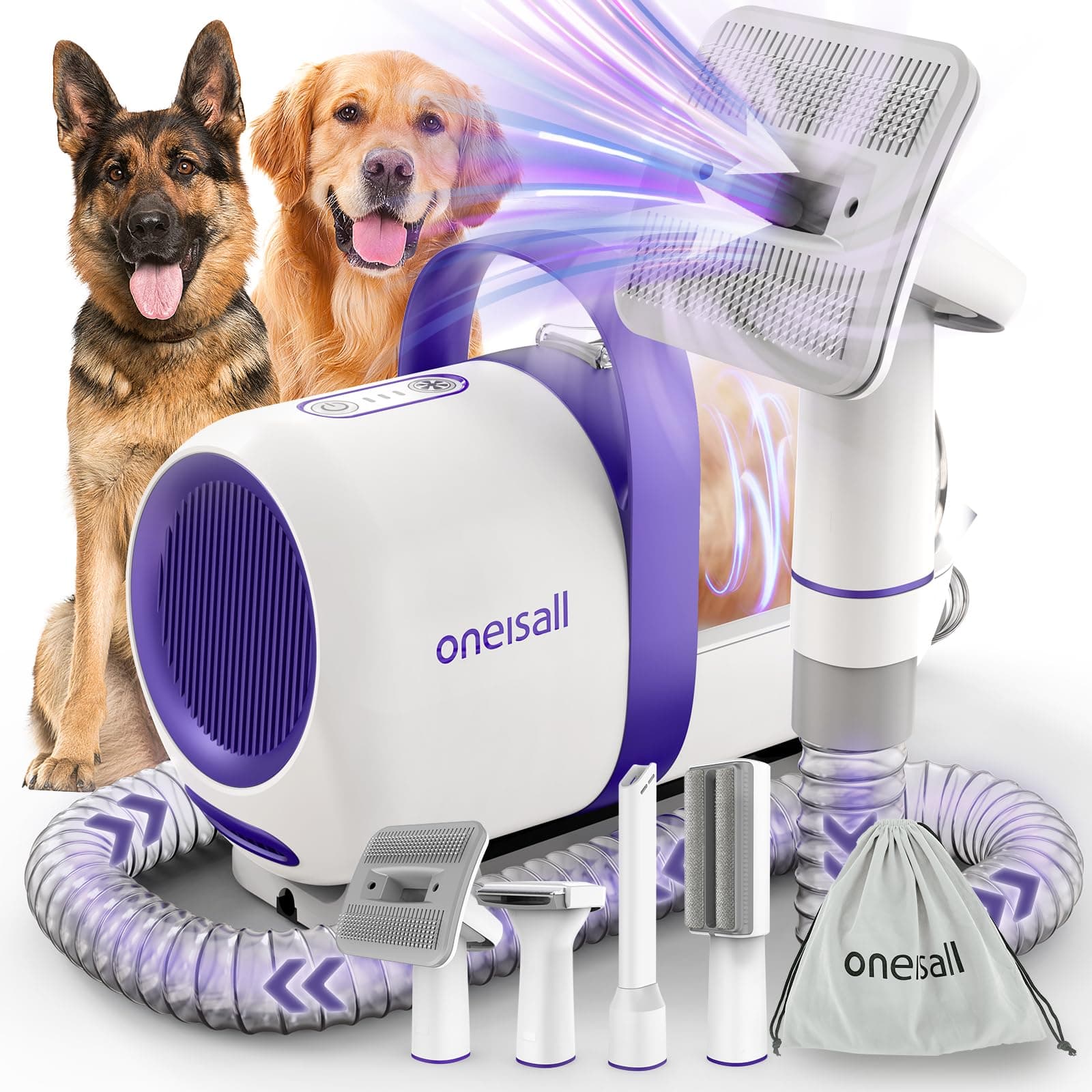 oneisall Aspirateur pour chiens avec brosse,Puissance d'aspiration élevée Brosse pour chiens aspirateur avec 12000 Pa,Aspire 99.99% des poils d'animaux (1,5L) avec 4 accessoires d'entretien(Pourpre)