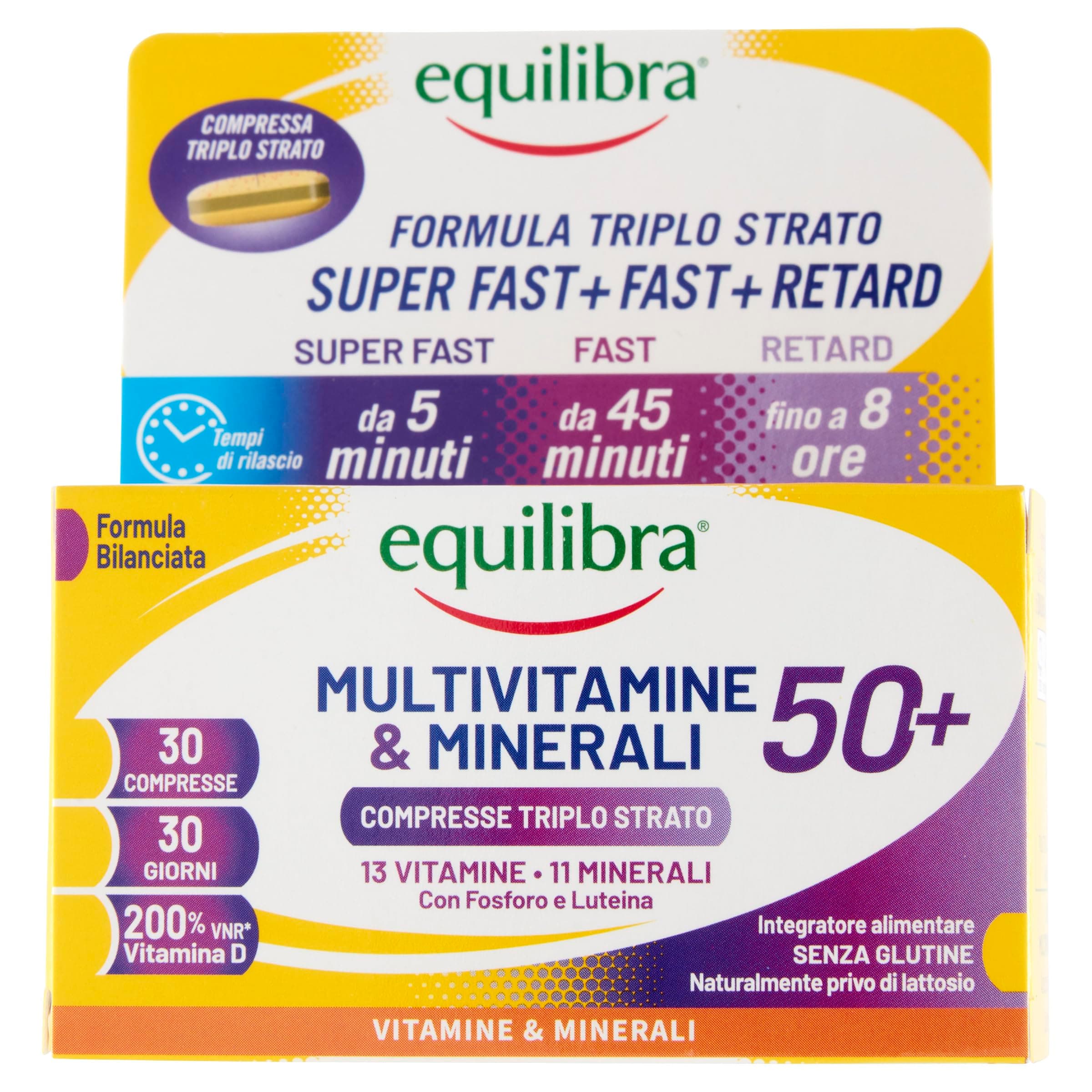 Equilibra Multivitamine e Minerali 50+, Rilascio Prolungato fino a 8 ore, Alto Dosaggio di Vitamina D, con Fosforo e Luteina, per Adulti 50+, Senza Glutine, per Vegetariani, 30 Compresse Triplo Strato