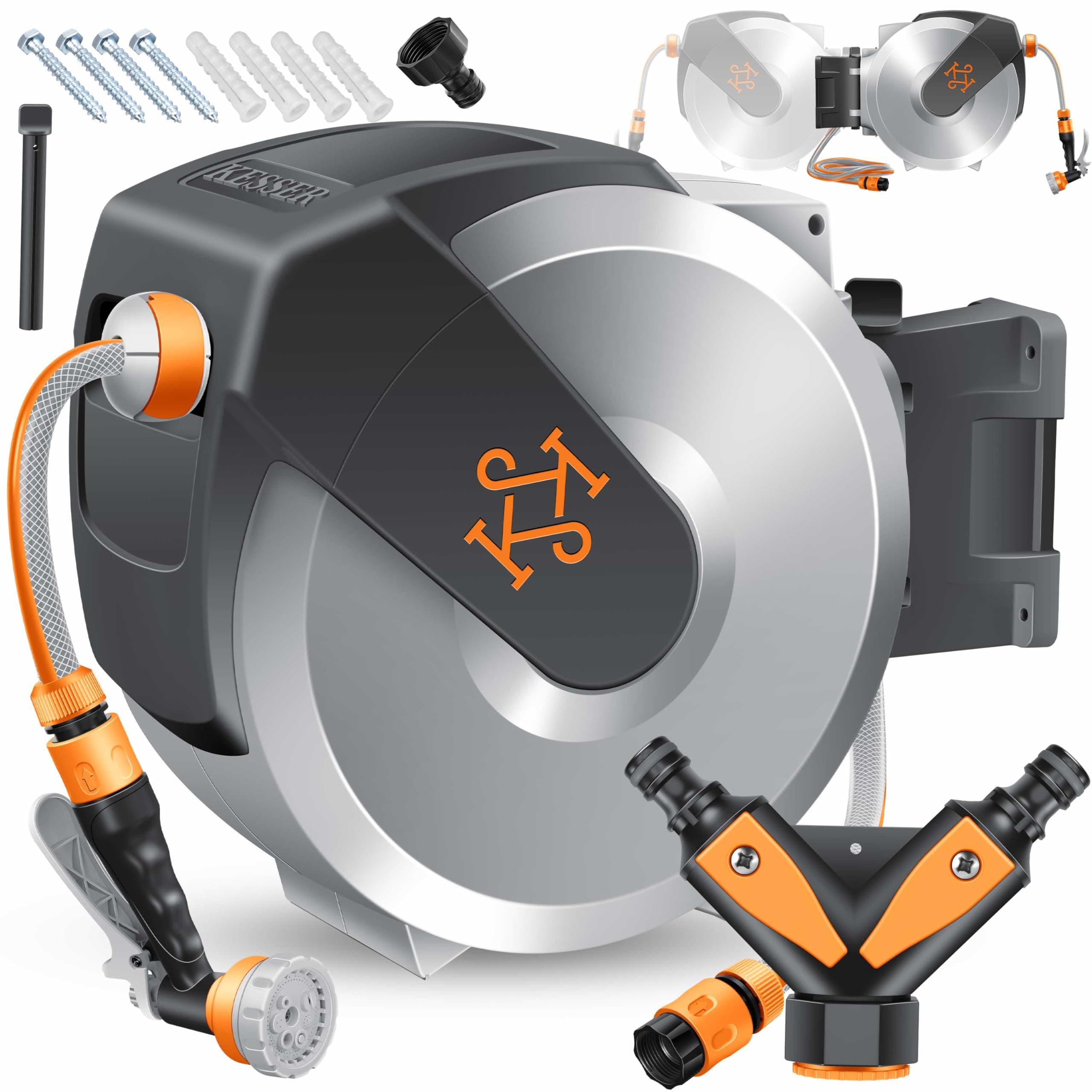 KESSER® Enrouleur de tuyau d'arrosage 35 m - Enrouleur de tuyau d'arrosage pour montage mural - Support mural - Pivotant à 180° et enroulement automatique - Boîte de tuyau mural avec douchette à 7