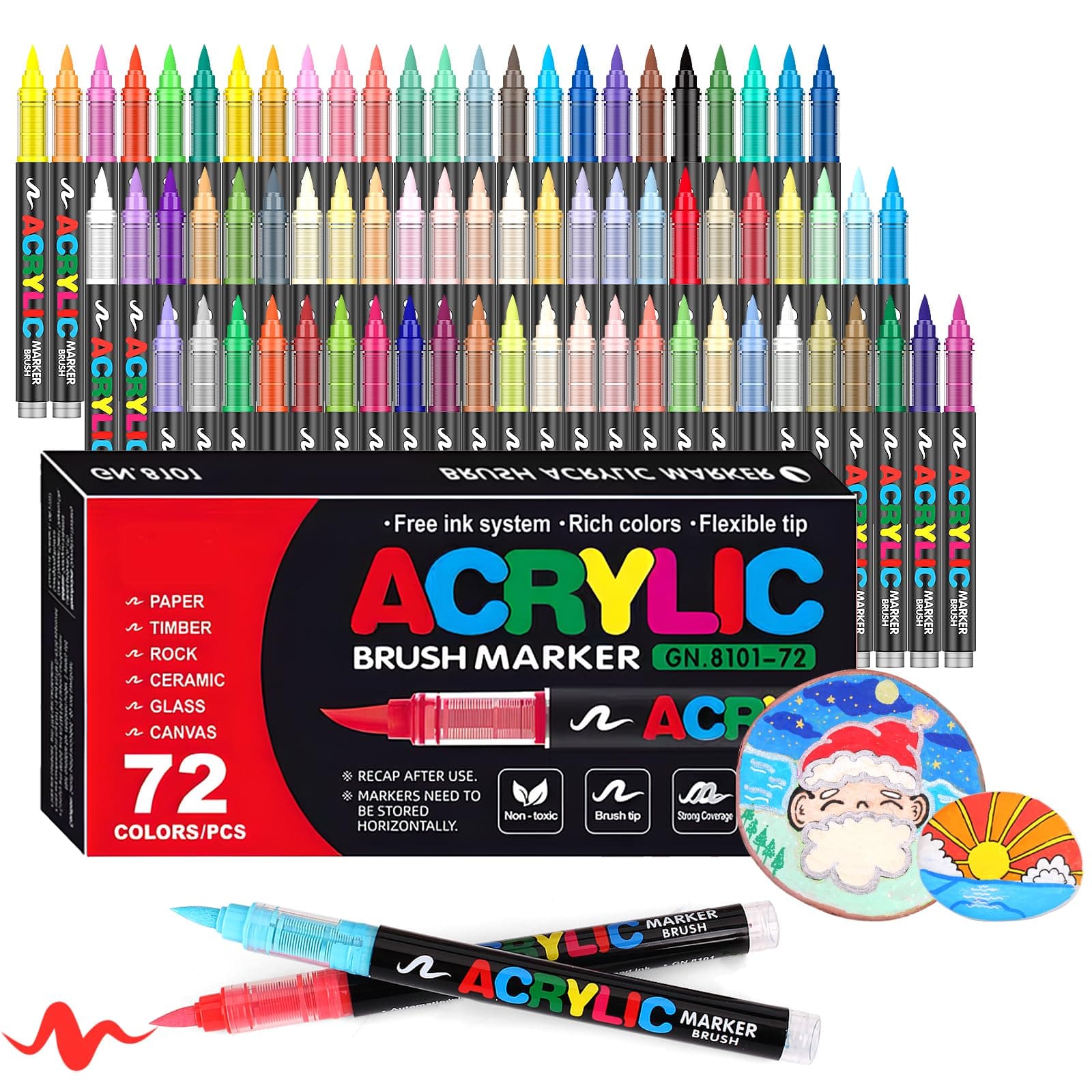 Laconile 72 Couleurs Feutre Acrylique, Stylos Acryliques à Pointe Pinceau pour le Coloriage Adulte ，Acrylic Paint Markers pour Coloriage, Calligraphie, Bois, Toile, Verre, Céramique