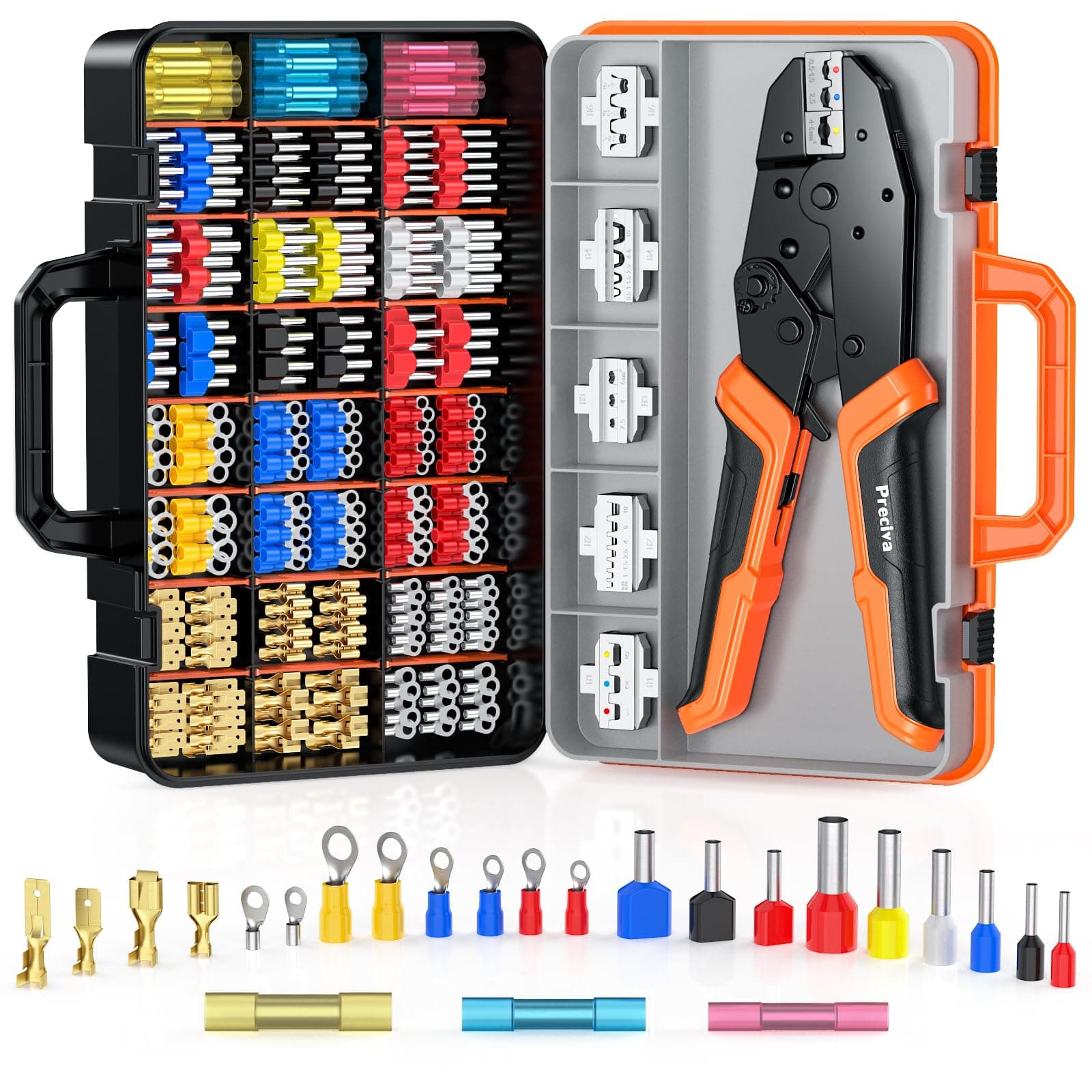Preciva - Juego de alicates de crimpado con caja,0,25 – 10 mm²,juego de herramientas de crimpado de alambre de trinquete para termorretráctil,395 terminales de virola con 6 cabezales para un cambio