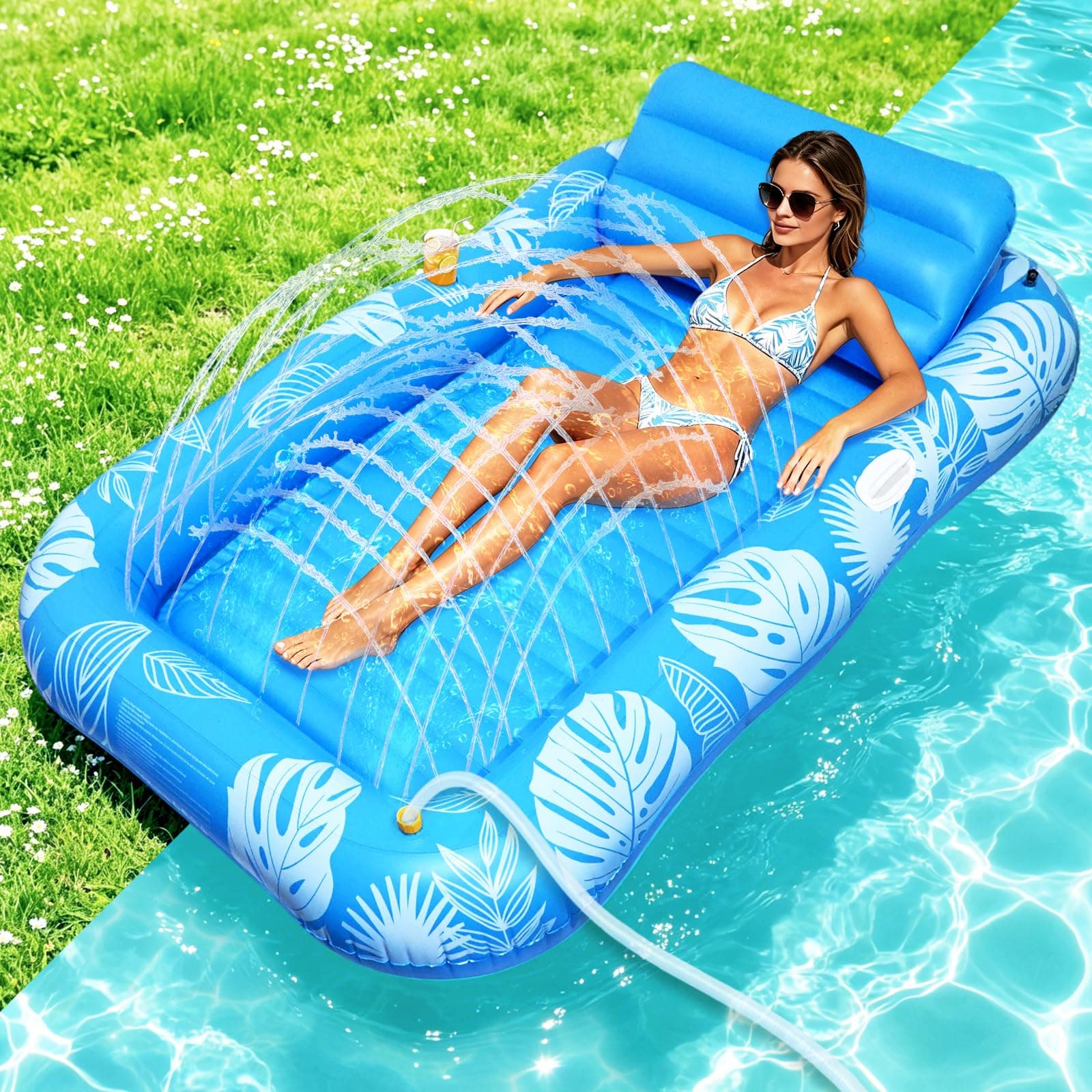 Matelas Piscine Gonflable, Tanning Pool Adulte avec Porte Gobelet, Poignées et Dossier, Hamac Piscine de Bronzage 200 × 124 cm, Matelas de Bronzage Eau pour Fêtes de Jardin, Plage et Piscine