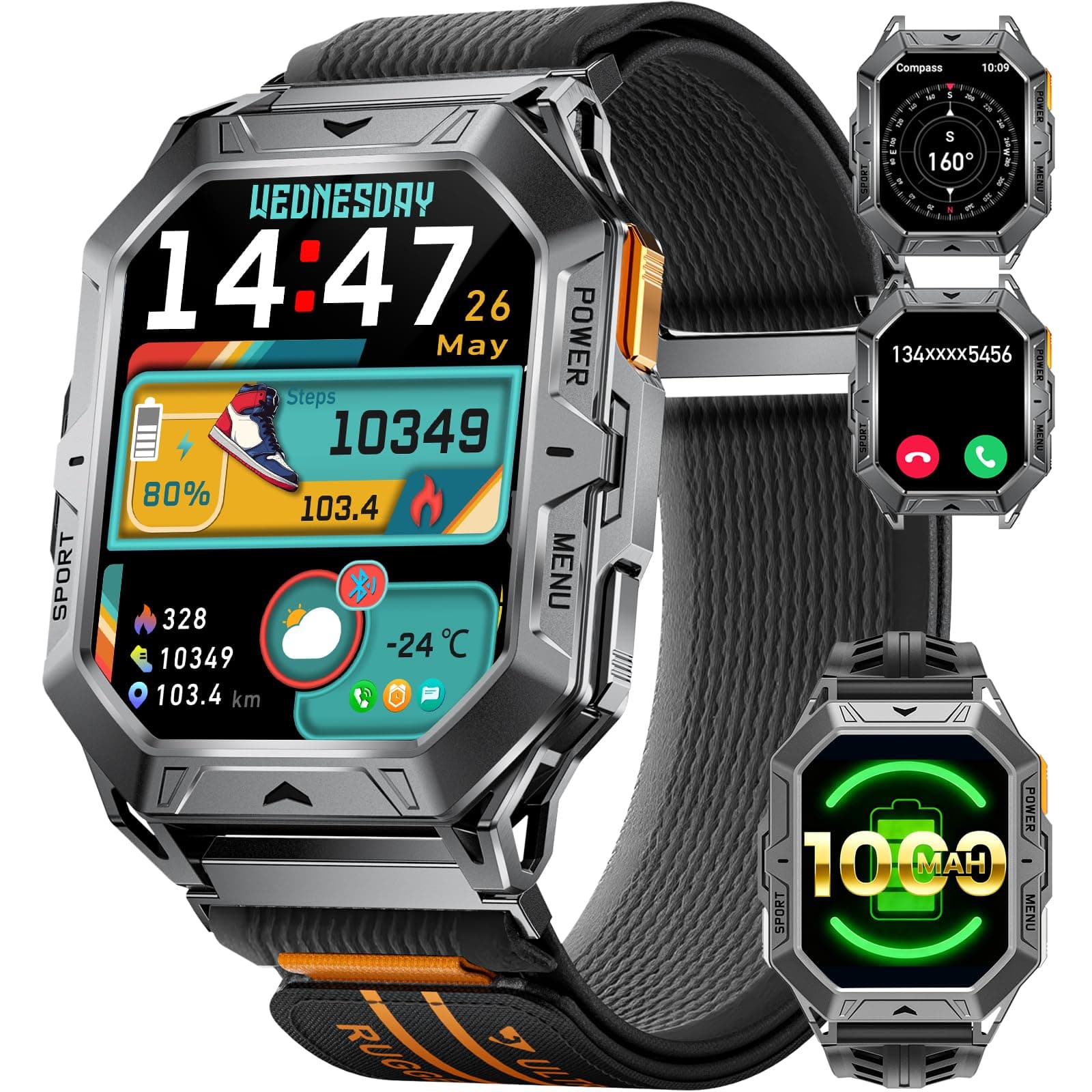 Reloj Inteligente Hombre, 256MB con 1000mAh Batería/Brújula/Altitud/Barómetro, 2.13" AMOLED Smartwatch Llamadas Bluetooth, 10ATM, 100+ Deportivos, Herzfrequenz/Schlafmonitor, Android iOS TX1 Gris