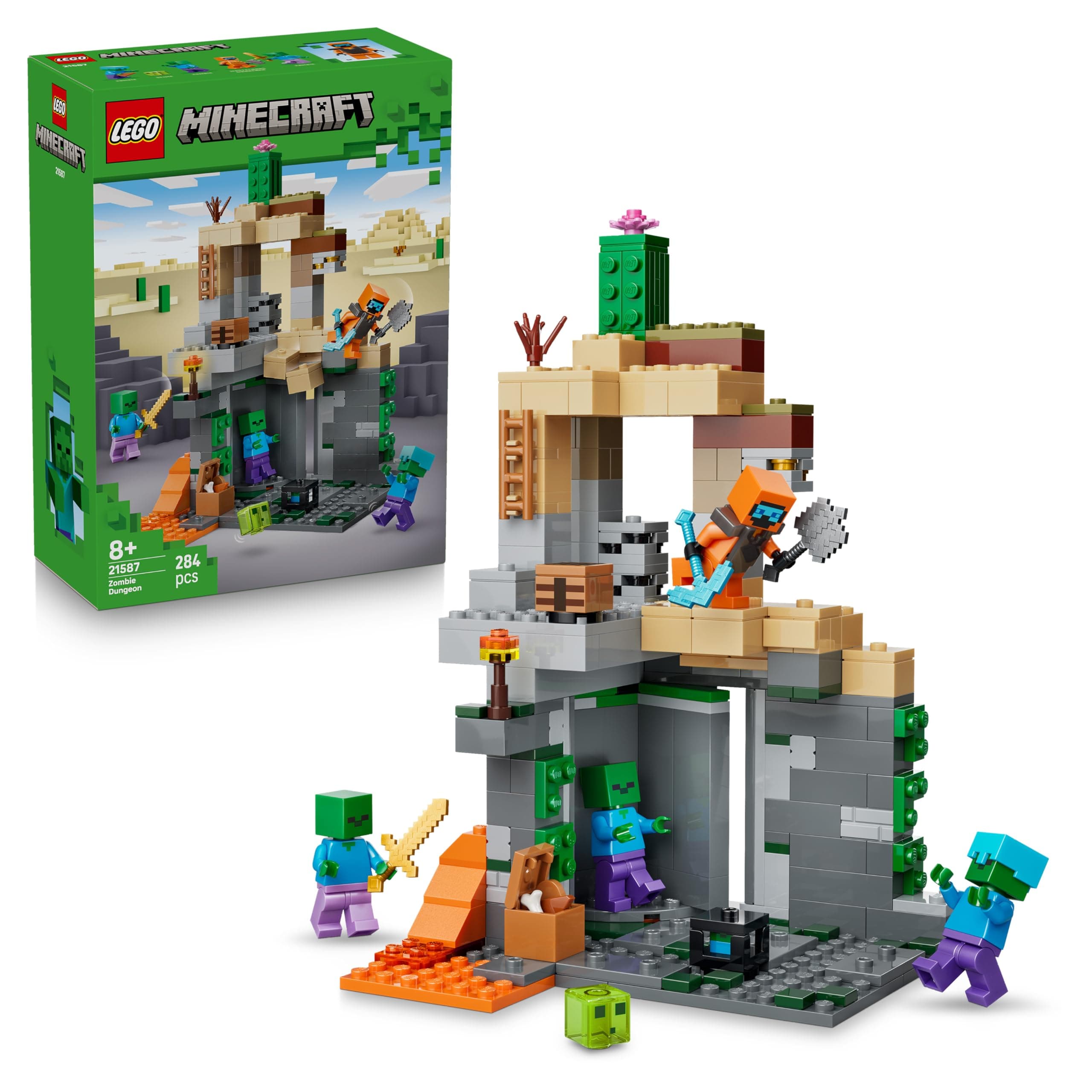 LEGO Minecraft La Mazmorra de Zombis - Juguete Interactivo con Minifigura de Errante, 3 Figuras de Zombis, Limo y Mesa de Trabajo - Regalo Gamer para Niños y Niñas de 8+ Años – 21587