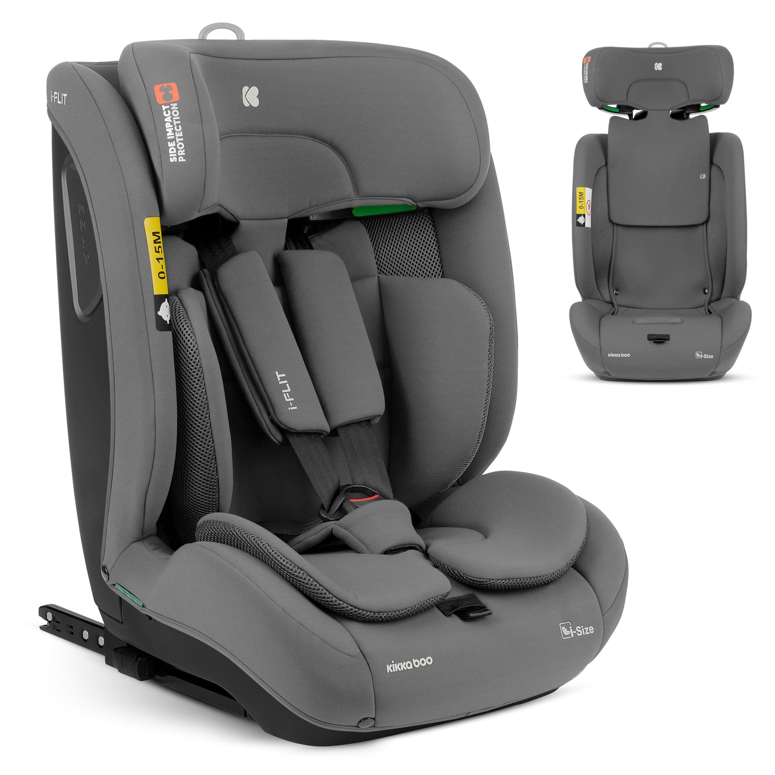 KikkaBoo Seggiolino Auto 9-36 kg ISOFIX i-FLIT, Gruppo 1 2 3, Reclinabile, da 15 Mesi a 12 Anni, i-Size, SPS, Top Tether, Poggiatesta Regolabile, Grigio chiaro