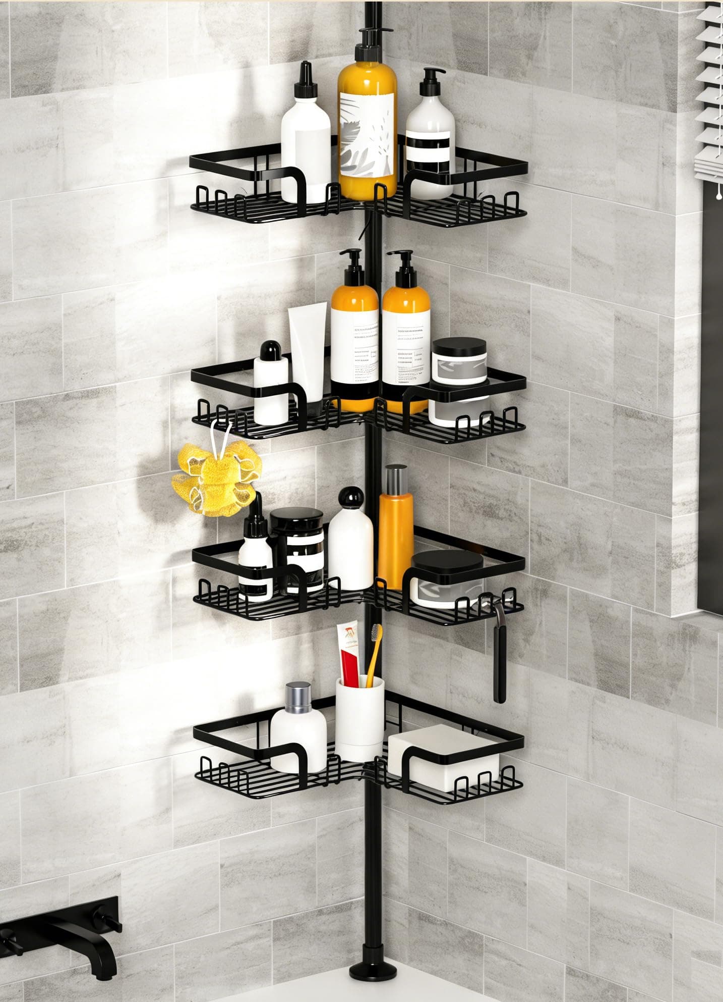 KEGII Etagere Douche Telescopique - Etagere Douche Angle Etagere Angle Salle de Bain Etagere de Douche Sans Percage Support Savon Crochet Douche(Noir, Inox)