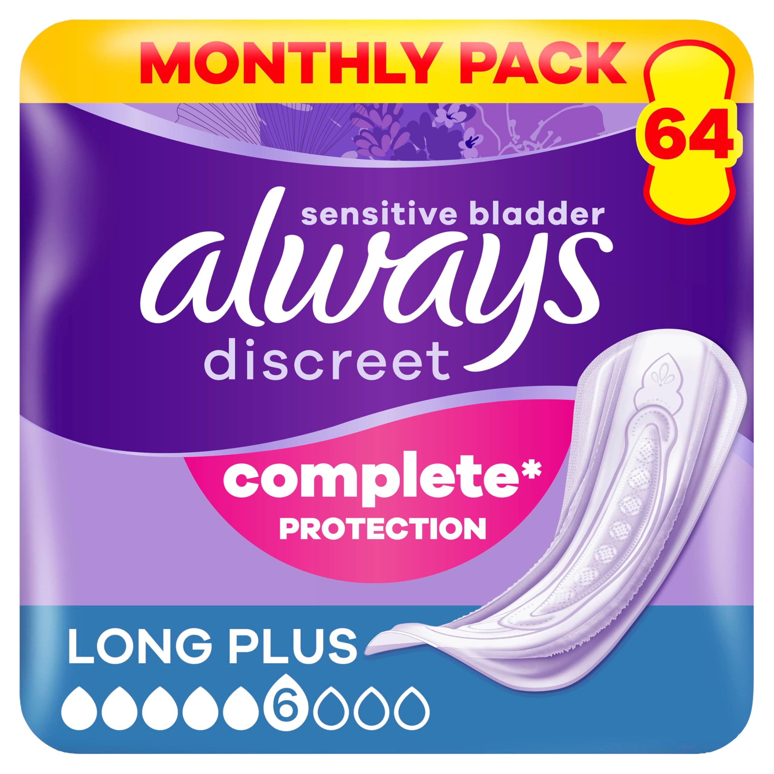 Always Discreet, 64 Serviettes Hygiéniques Incontinence Femme, Long plus 6 Gouttes, Protection Absorbante pour Fuites Urinaires Importantes, Pack 1 Mois