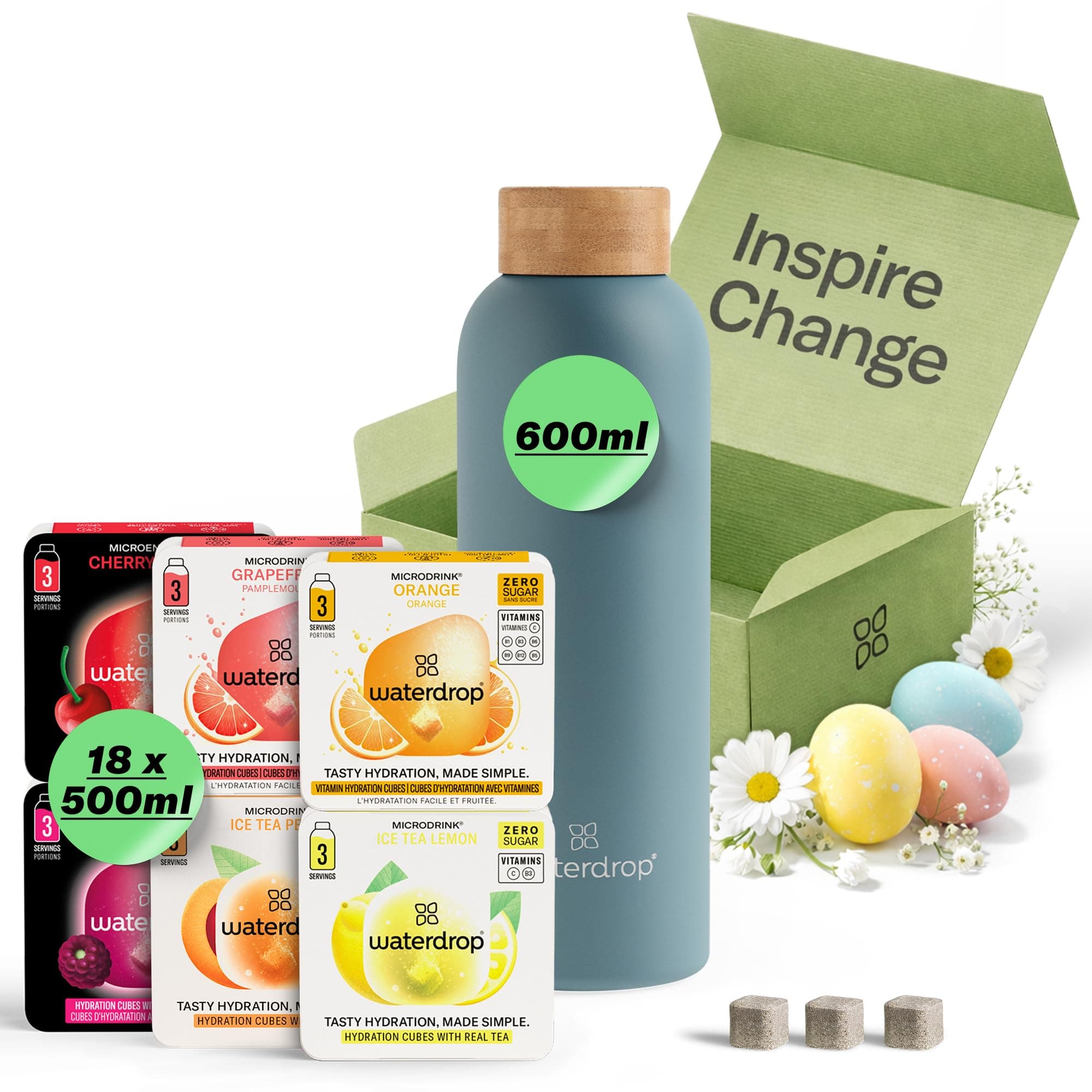 waterdrop® Starter Set - 600ml Trinkflasche mit Geschmack inkl. 18 zuckerfreie Drops - Geschenk für Frauen - Probierpaket mit Wasserflasche & Drops - Edelstahl Trinkflasche Kohlensäure geeignet