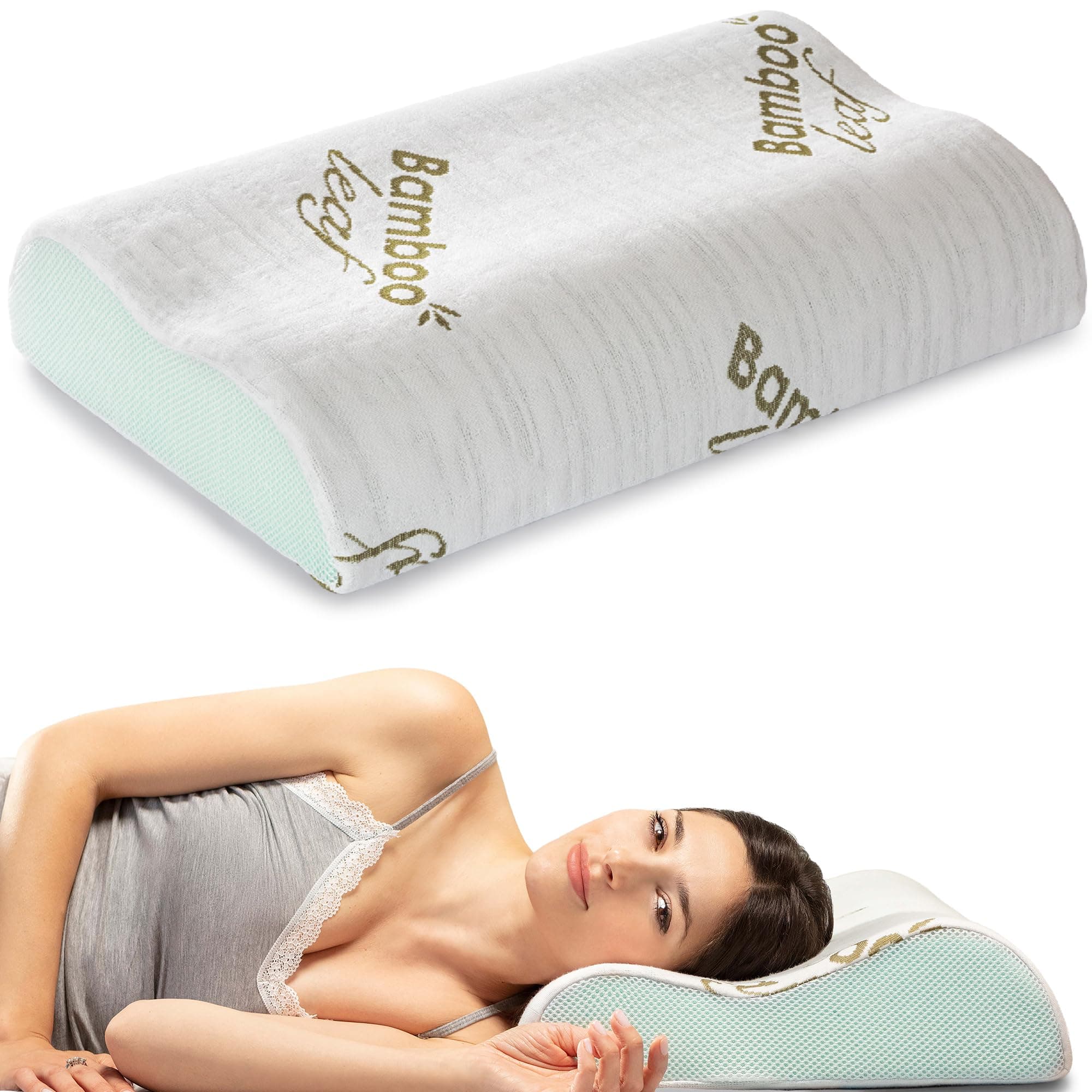 Flowen Cuscino Cervicale Memory Foam per Dormire Ortopedico Aloe Vera Guanciale a Doppia Onda Ideale per Supporto al Collo Ergonomico Traspirante Antirussamento Anallergico Federa Bamboo Lavabile