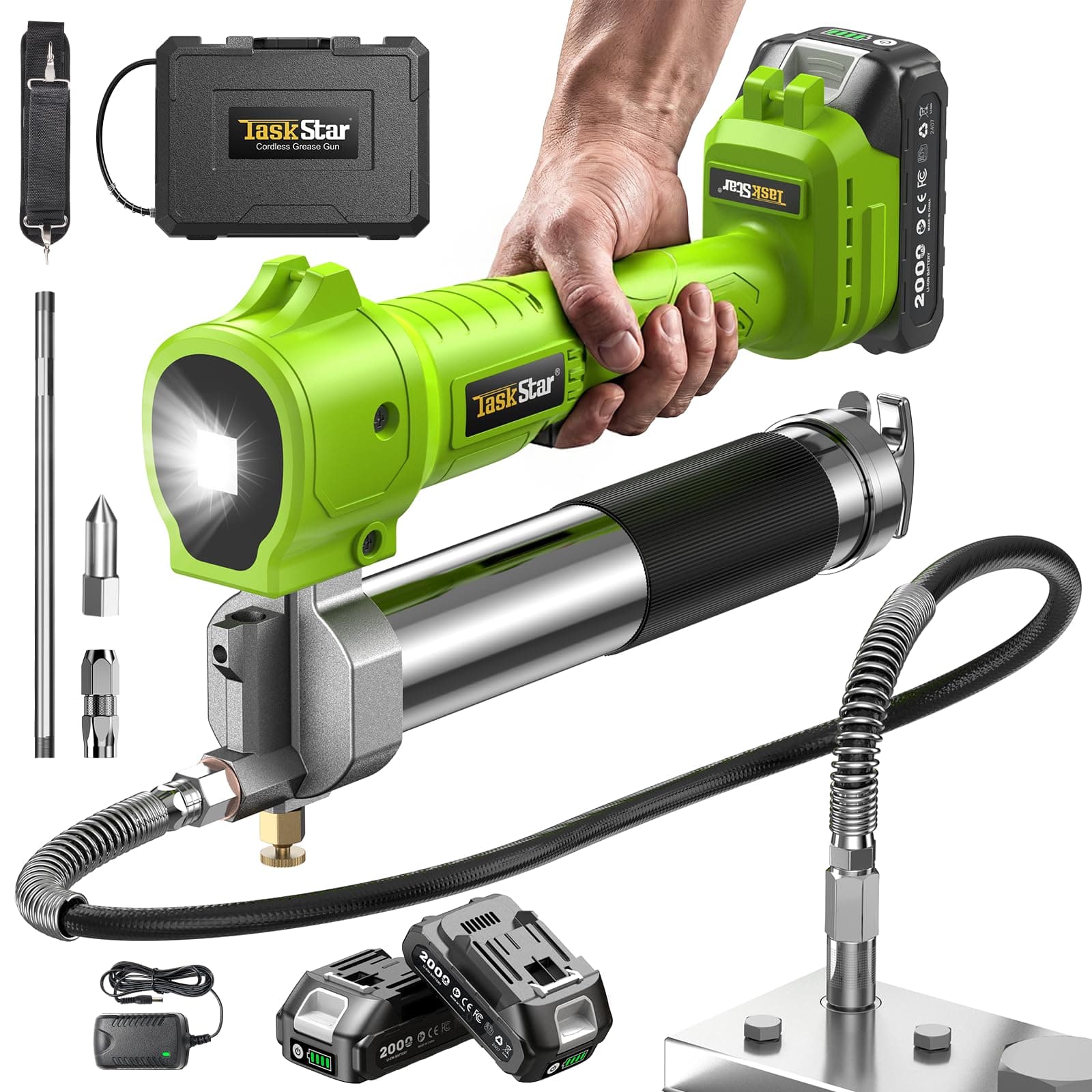 TaskStar Pompe a Graisse Électrique, Kit de Pistolet à Graisse [Super Efficace] avec 2 Batteries et Chargeur, Tuyau Flexible de 39,4", Pompe à Graisse 10 000 PSI avec Lumière LED Super Brillante, Vert