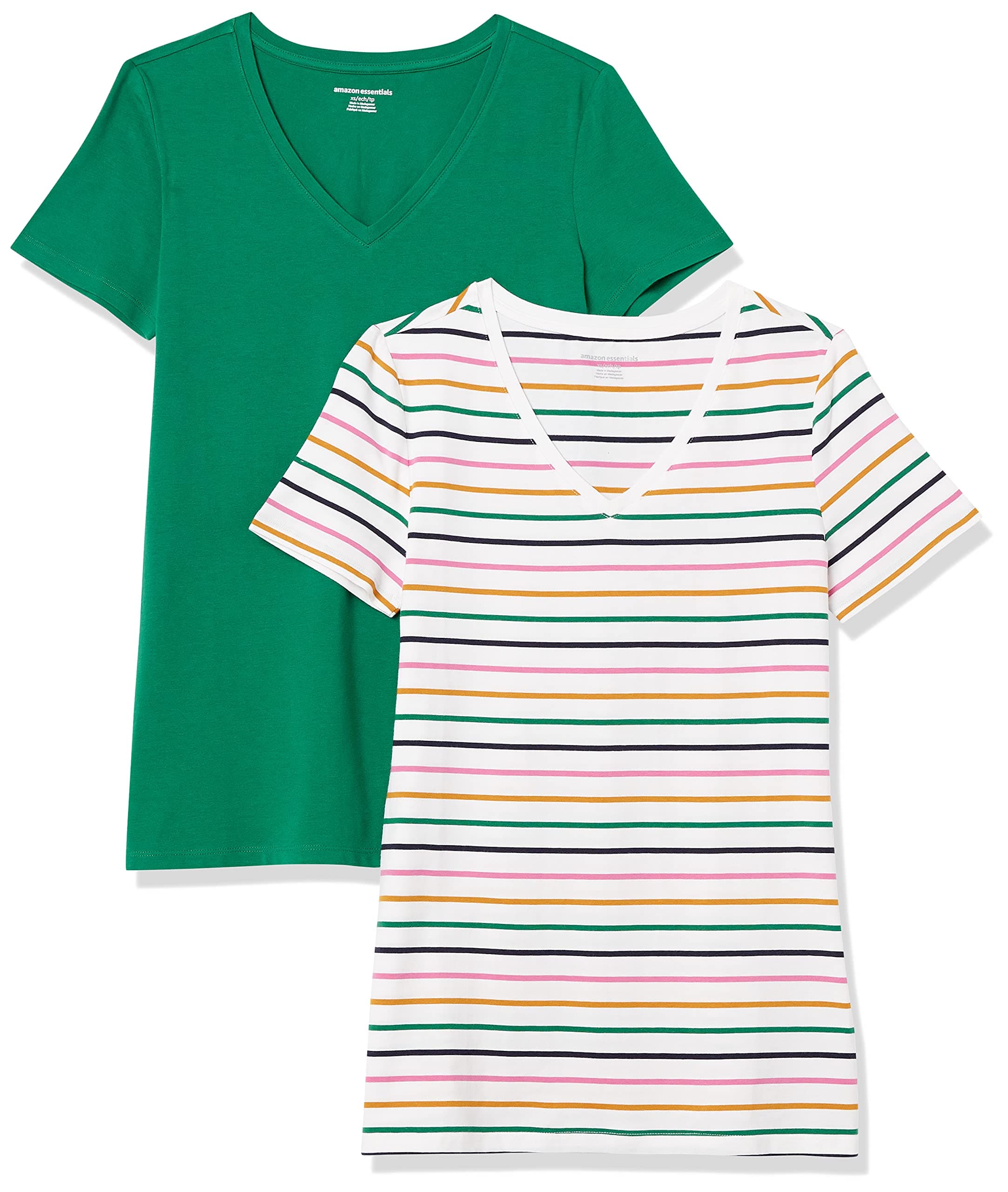 Amazon Essentials Damen Kurzärmliges Regular-Fit-T-Shirt (Varianten mit Rundhalsausschnitt und V-Ausschnitt), Multi-Packs