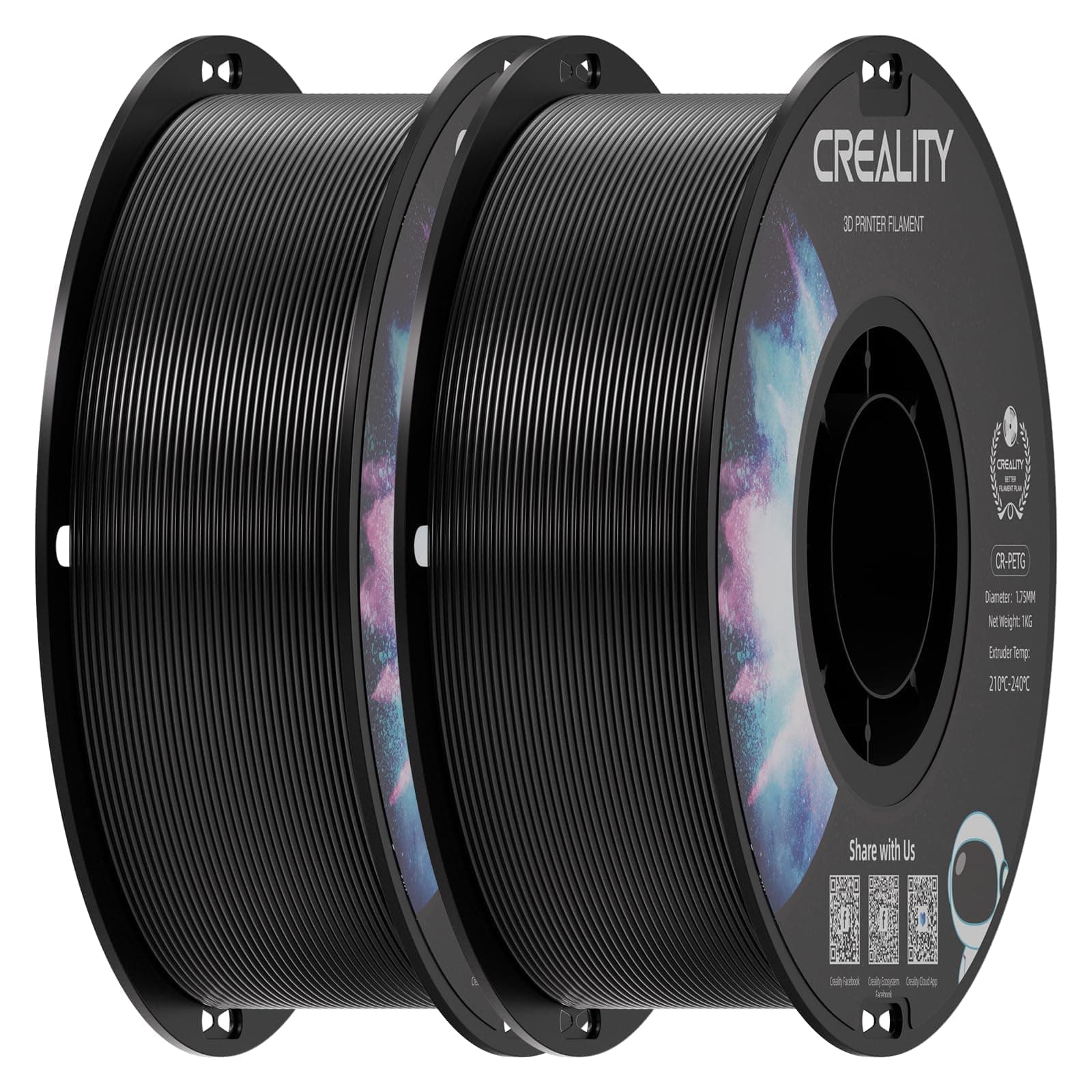 Creality Filamento PETG 1.75mm, Eccellente Flessibilità e Durata, Precisione Dimensionale +/- 0.03mm, 2kg (4,4 libbre) per Stampanti 3D, PETG (Nero*2)