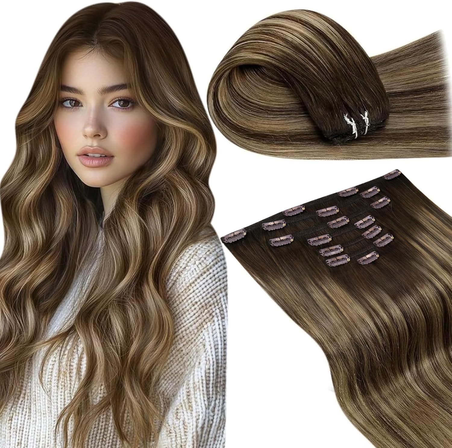LaaVoo Extension Capelli Veri Clip 7pcs 150g 55cm Balayage Marrone Scuro Mix Biondo Caramello Extension Clip Capelli Veri Lisci Extension Con Clip Capelli Umani Reali #4/27/4