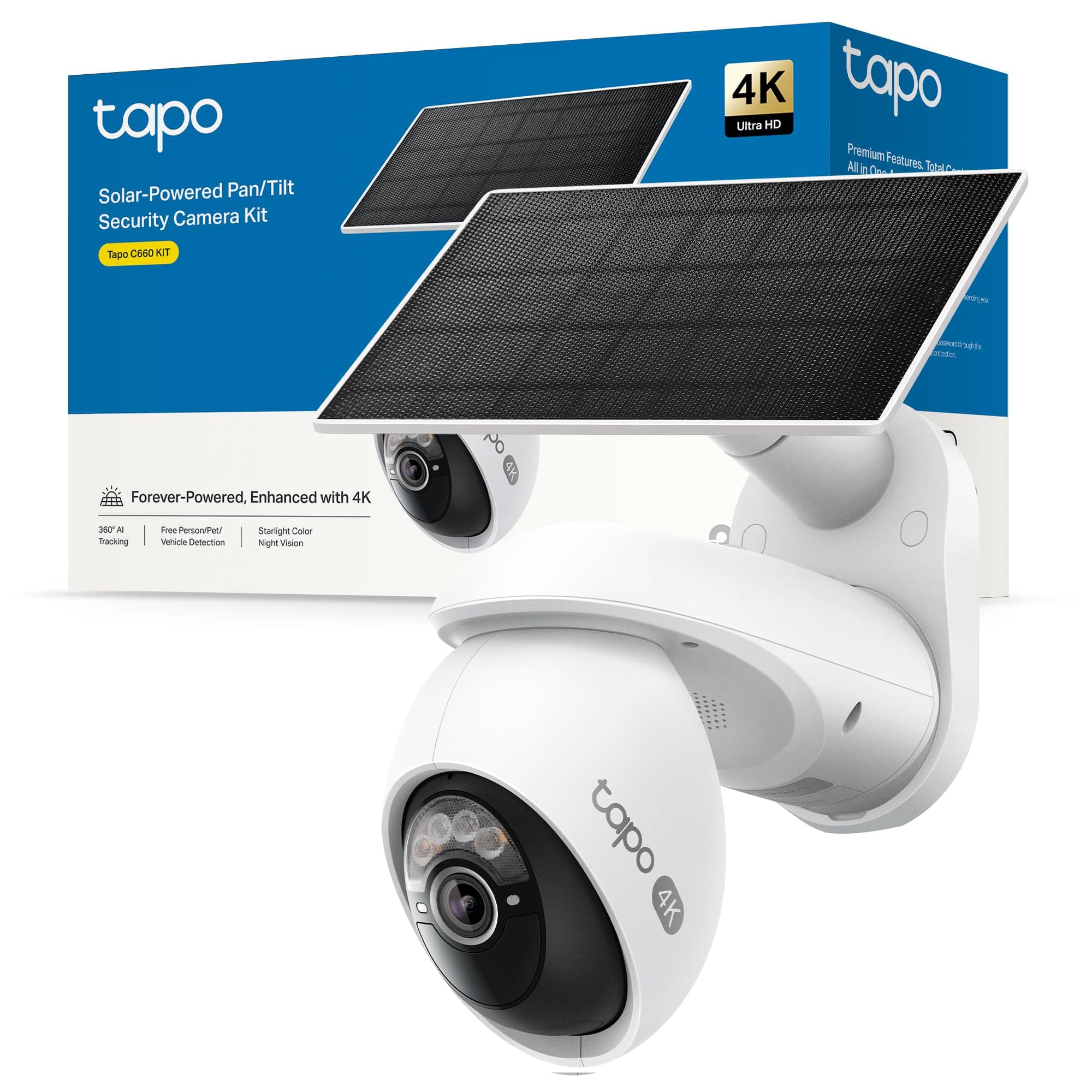 Tapo C660 Kit – Cámara de Seguridad WiFi 4K 8 MP con Panel Solar, Visión de 360°, Zoom Digital x18, Visión Nocturna en Color, Batería de 10000 mAh, Detección IA Gratuita, IP65