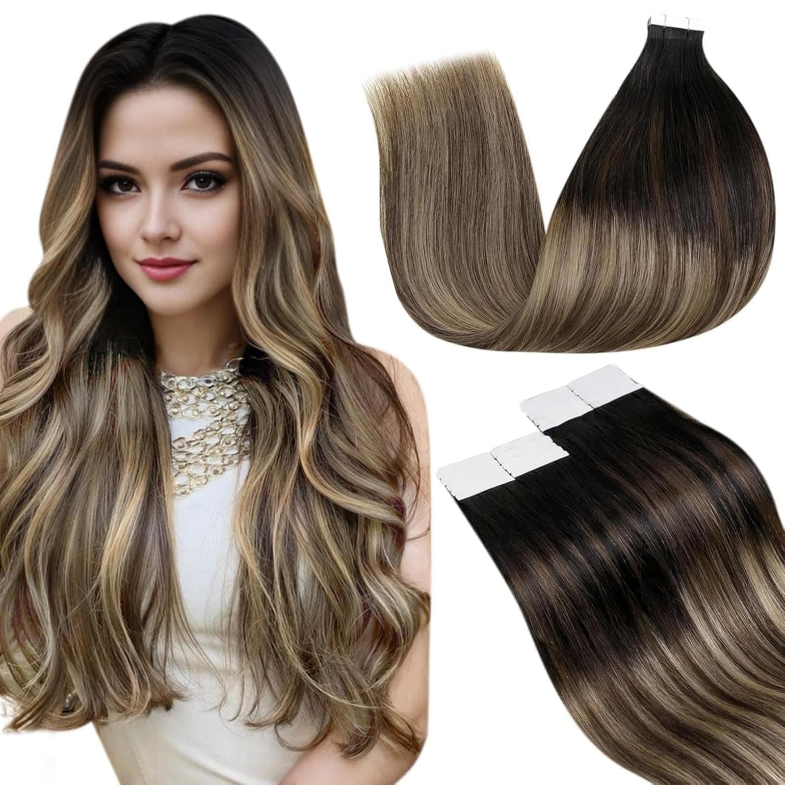 LaaVoo Extension Cheveux Naturel Adhésif – Ombré Noir, Caramel et Blond – pour le Bureau – 55cm 20pcs 50g – Humains Remy – Rendu Élégant – #1B/4/27