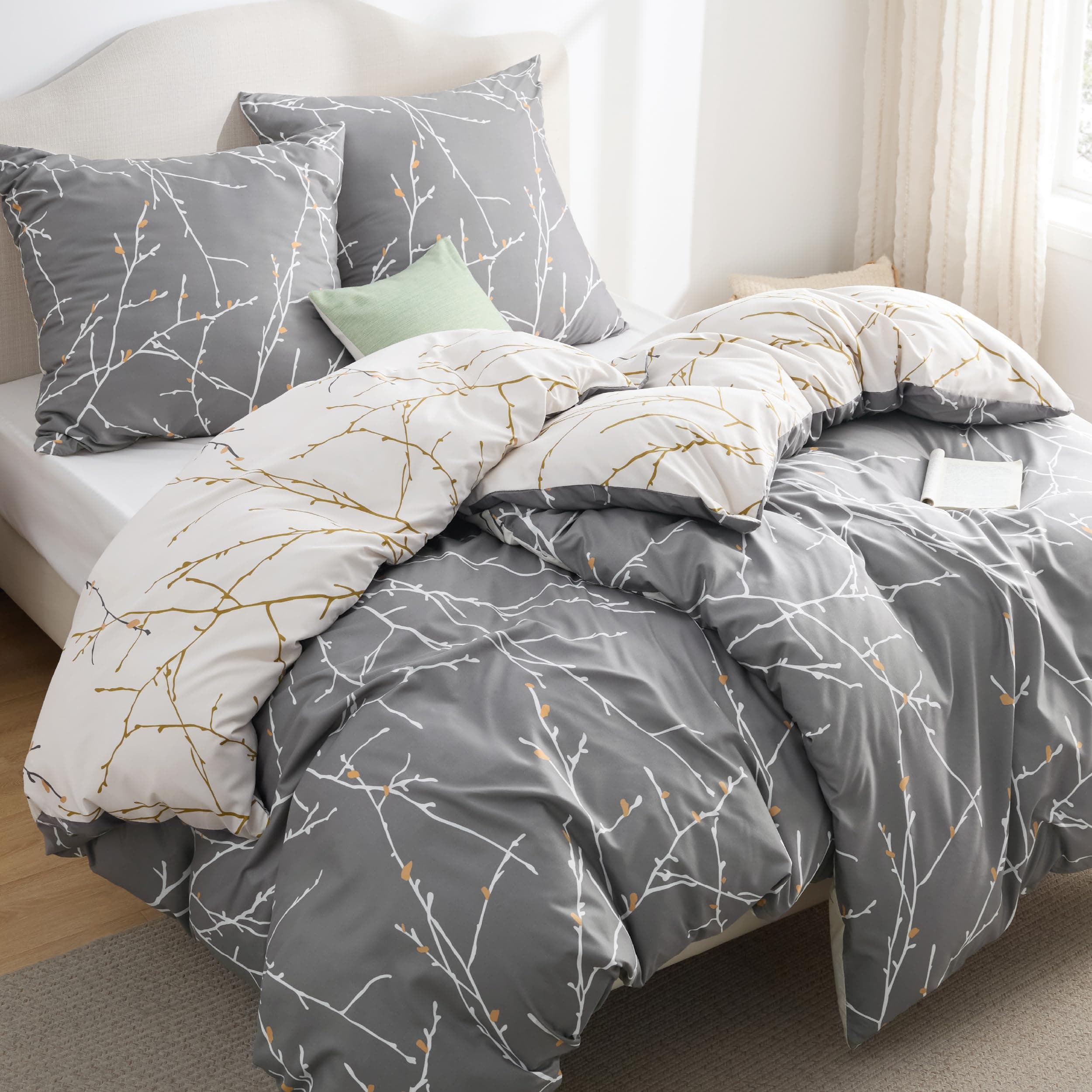 BEDSURE Bettwäsche 135x200 4teilig Bettbezug - Bettwäsche-Sets 135 x 200 cm 2er Set mit 2 Kissenbezüge 80x80cm, ÖKO-TEX Wendebettwäsche Bedding Zweige Grau Muster mit Reißverschluss