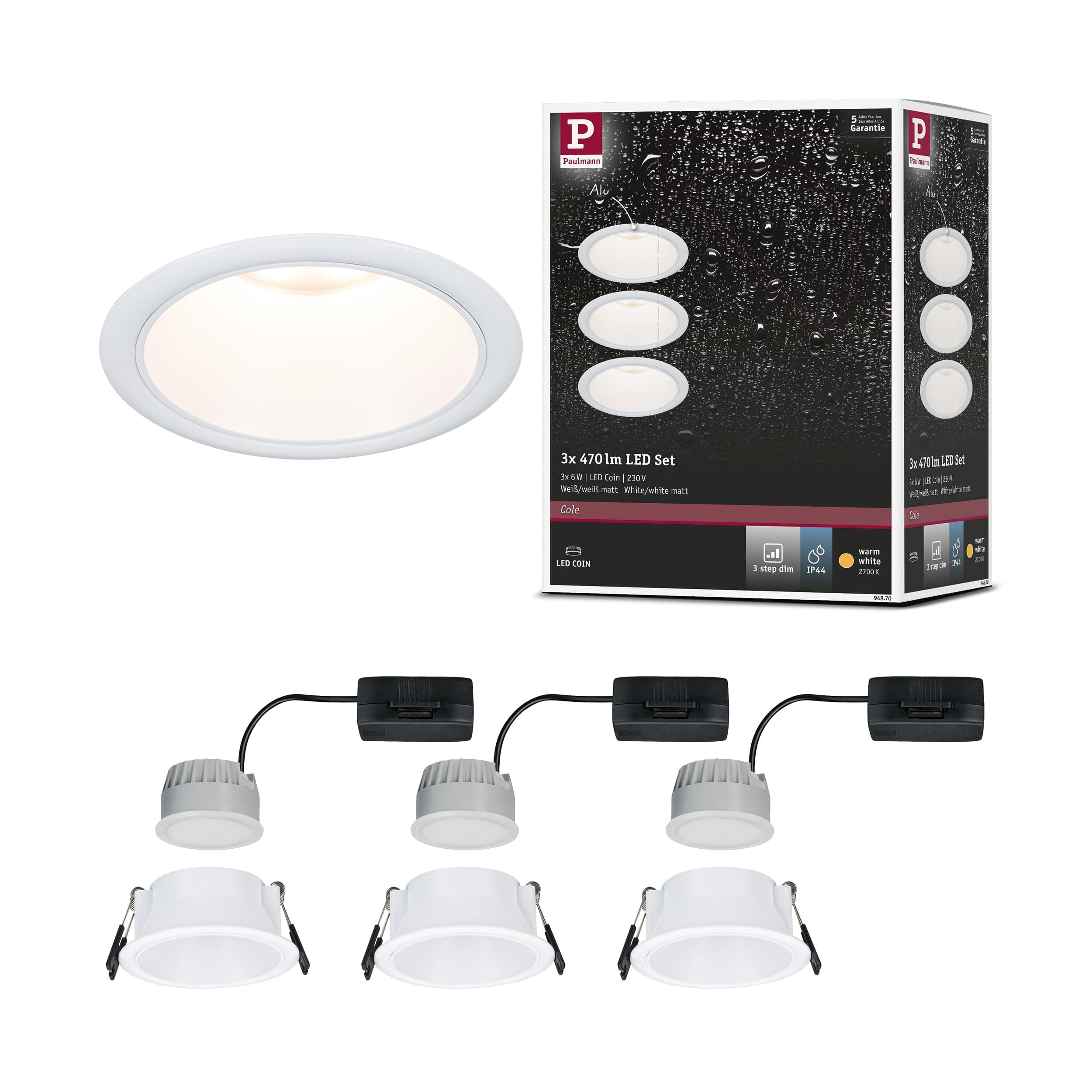 Paulmann 94870 LED Einbauleuchte 3-Step-Dim Cole Basisset 3er-Set IP44 rund 88mm Coin 3x6W 3x470lm 230V 2700K Weiß