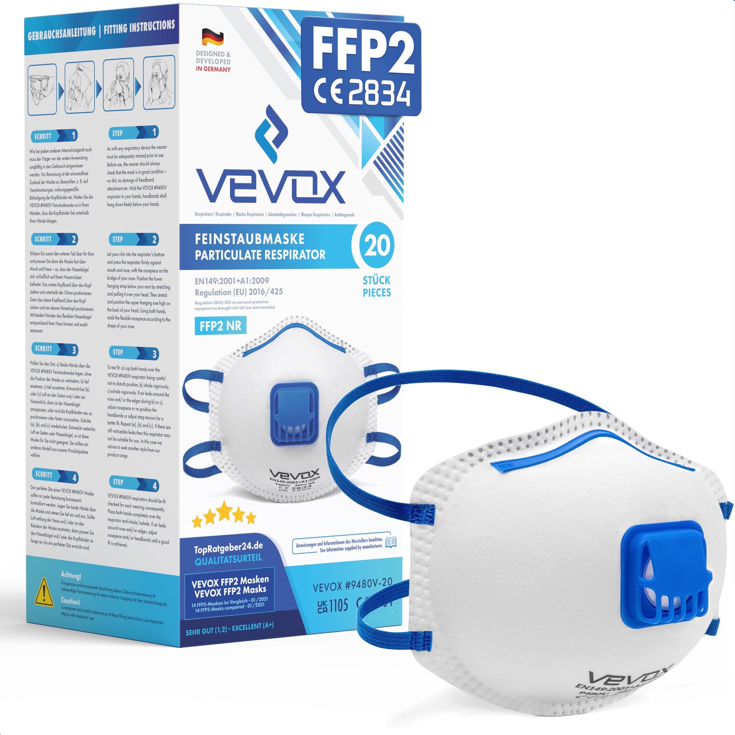 VEVOX® Masque FFP2 - Lot de 20 - Masques Travaux, Chantier et Bricolage anti Poussière avec Valve - Protection contre p. ex. Particules et Poussières Fines de Bois, Ponçage et Construction